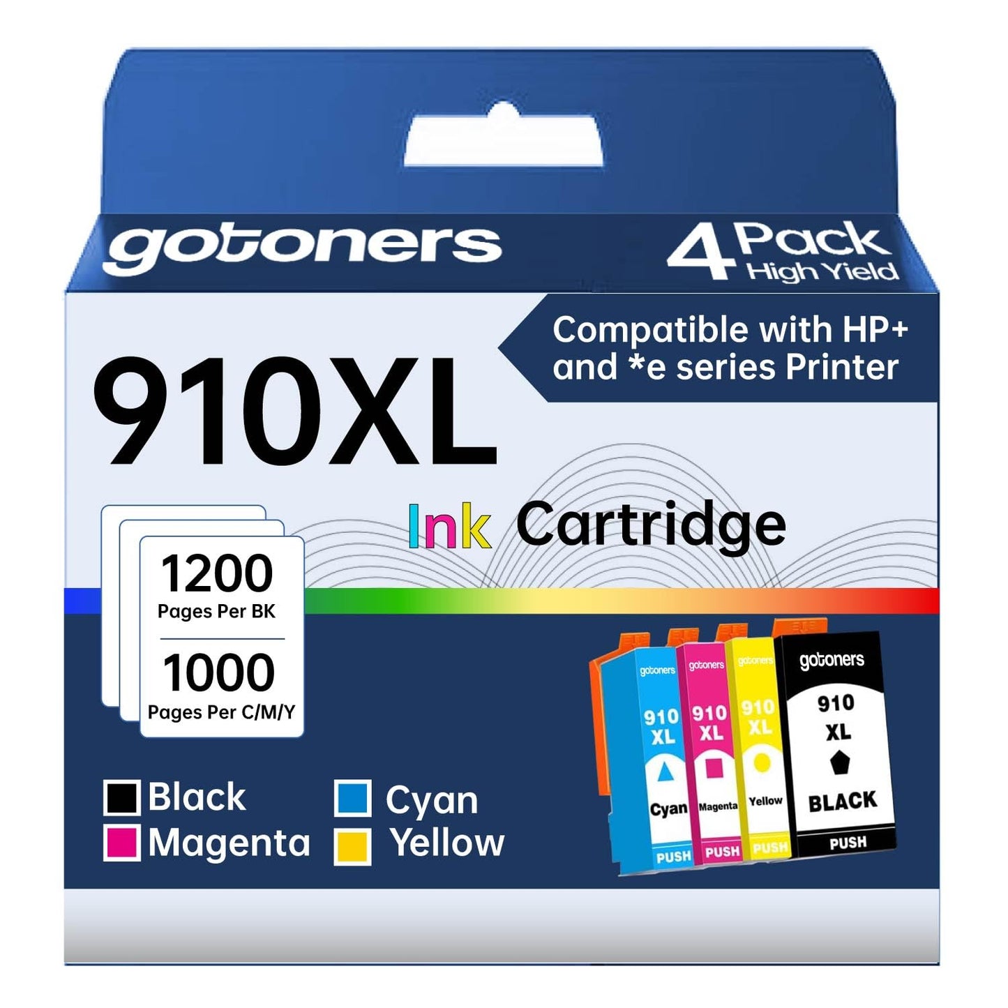 Gotoners Compatible with HP 910XL 910 XL Ink Cartridge for OfficeJet 8010 8010e 8015 8015e 8022 8022e 8025 8025e 8035 e-Series Printer 4 Pack (Black, Cyan, Magenta, Yellow)