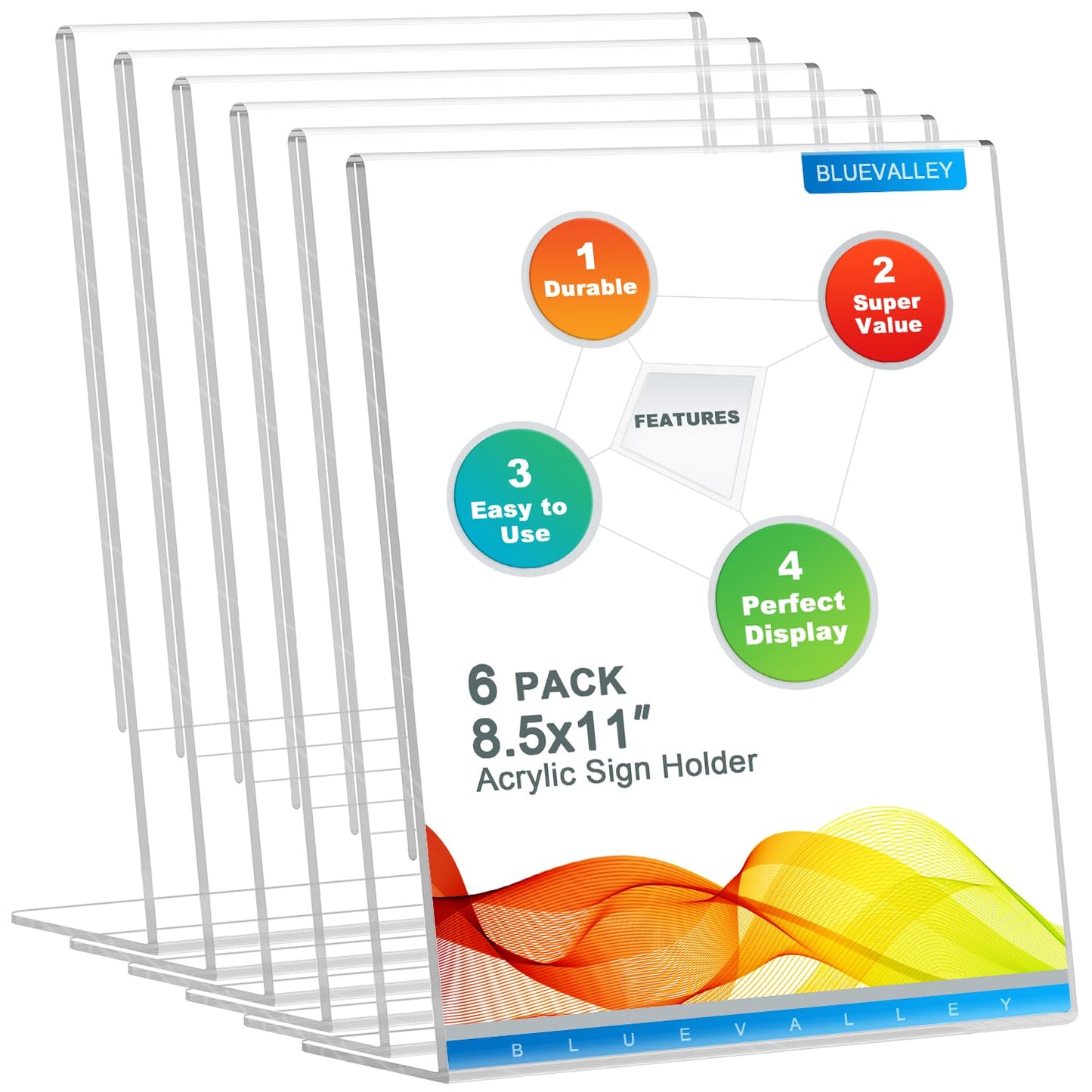 BlueValley Clear Acrylic Sign Holder - 8.5x11" Slant Paper Display Holder for Office Desktop, Acrylic Stand for Display Show Fairs Flyer Brochure, Exhibition Document Poster Ad, Photo Picture Frame, Catering Table Menu-6 Pack