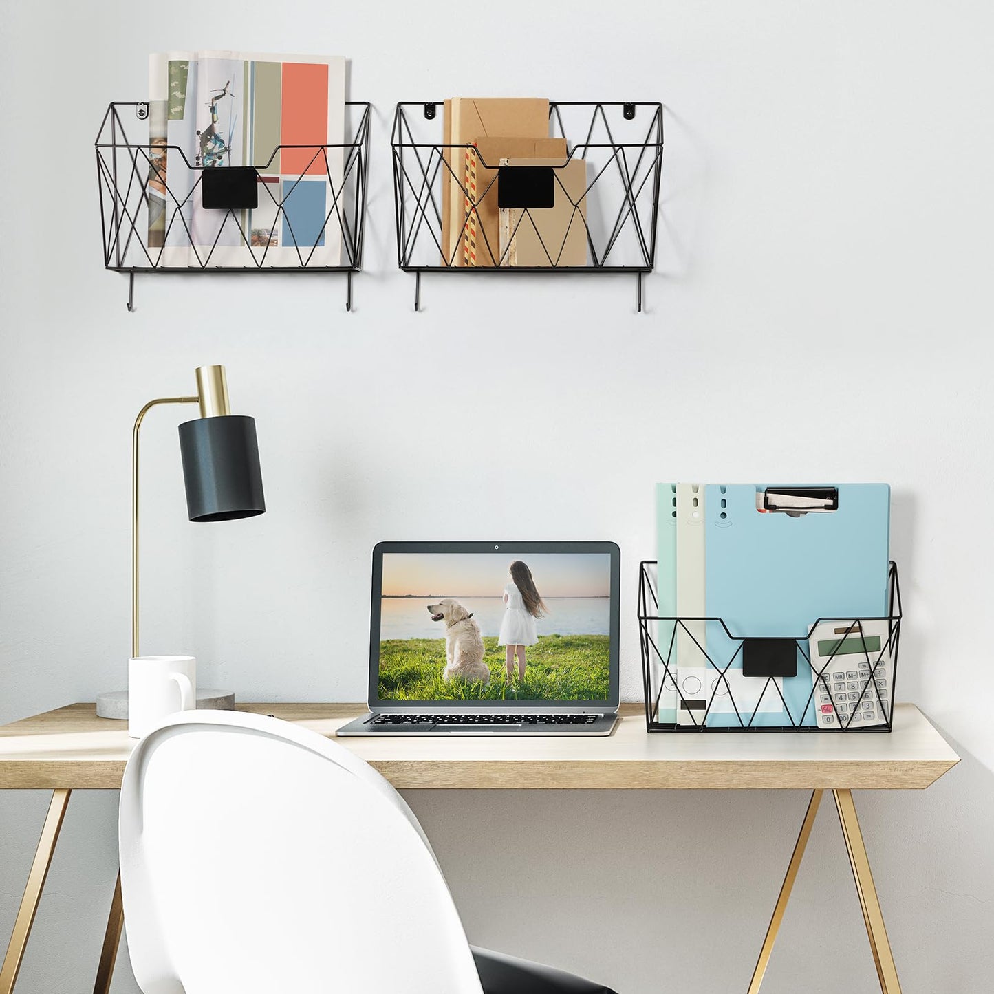 ETELI Hanging Wall File Organizer Holder Rack 3 Pockets Hanging Wall File Holder Wall Mount Mail Organizer Magazine Rack with Metal Hooks for Paper Files Office Home, Black