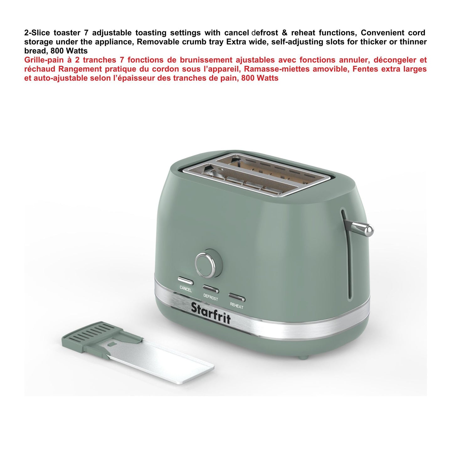 Starfrit 2-Slice Toaster – 7 Adjustable Browning Levels – Removable Tray – 850W - Sage