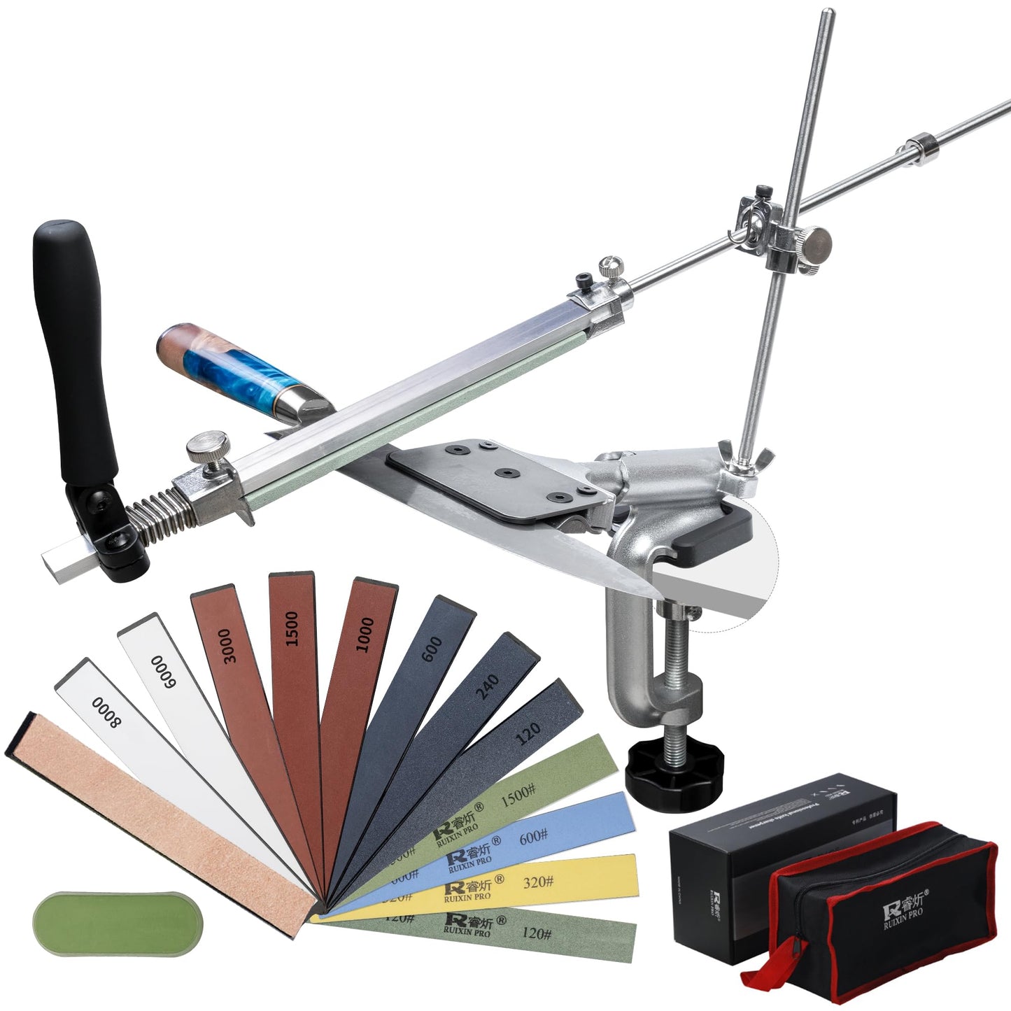 CWOVRS Knife Sharpening System, RX-008 Professional Knife Sharpener, 360 Flip Knife Sharpening Kit, Rotation Fixed-Angle, Kitchen Chef Knife Sharpener Kit with 12 Whetstones+ Polish Kit