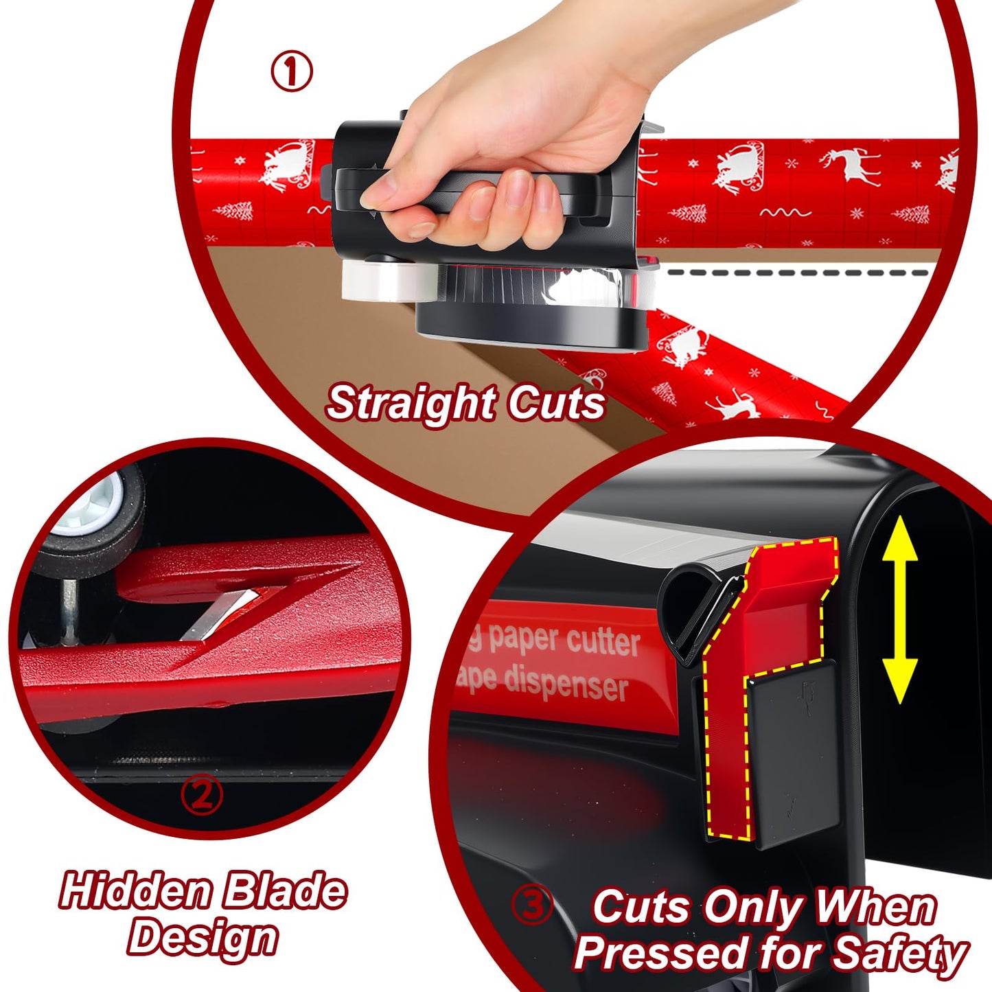 (2-Pack) Wheel Wrapping Paper Cutter & Tape Dispenser Dual Use-4 Tapes,2 Replace Blades-Christmas Gift Wrap Tool, Paper Roll Slicer,Sliding Straight Cut for Birthday Gift Wrap Cutter-Efficient Packag