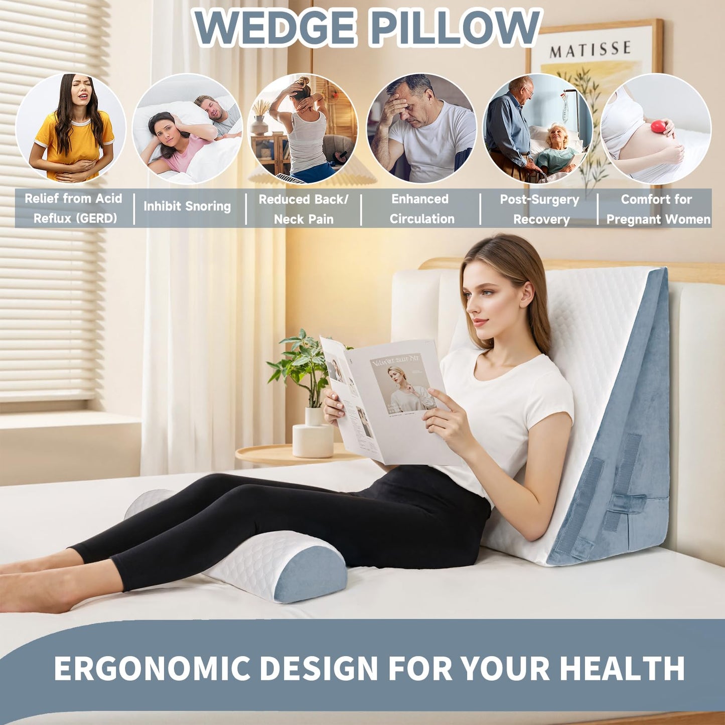 Bed Wedge Pillow for Sleeping, 3 Pcs Adjustable Height 4.5&7.5&12 Inch Triangle Pillow Wedge for Post Surgery, Acid Reflux, Snoring, Legs Pain Relief
