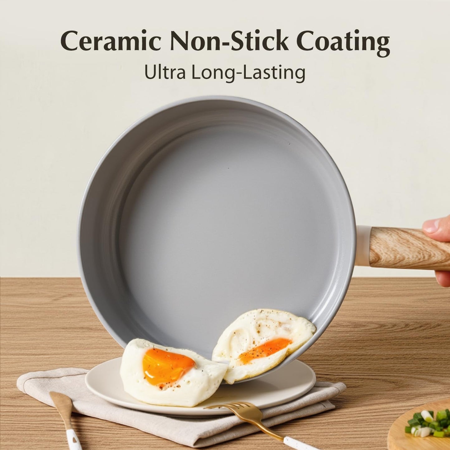 KOCH SYSTEME CS Non Stick Frying Pans Set 3 Piece, Nonstick Ceramic Frying Pans Heat-Resistant Handle, 8" 9.5" 11" Non Toxic Cooking Pan Set, Induction Compatible Skillet, Dishwasher Safe, Cream White