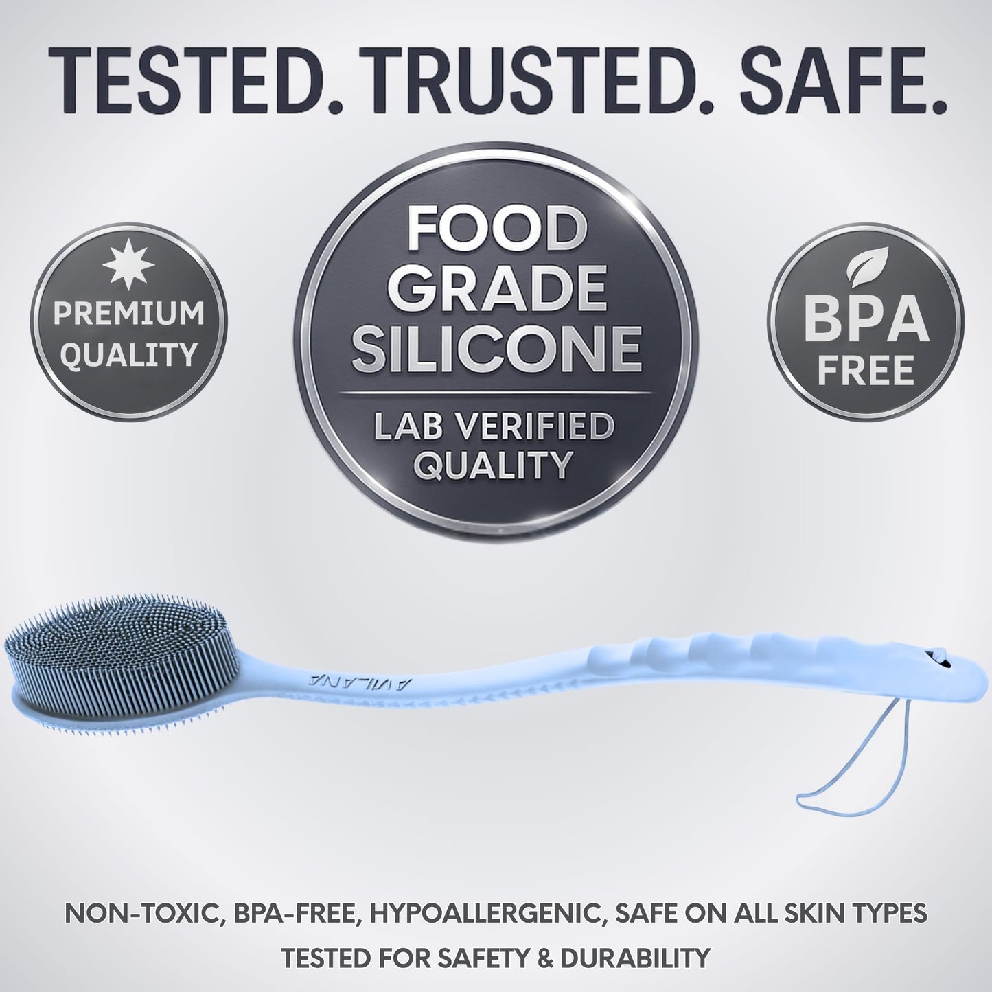 Avilana Silicone Body Scrubber - Food Grade & Lab Tested, Gentle Exfoliating Shower Brush for All Skin Types, Hygienic Quick-Dry Loofah Alternative, BPA-Free Body Brush (Blue, Long Handle)