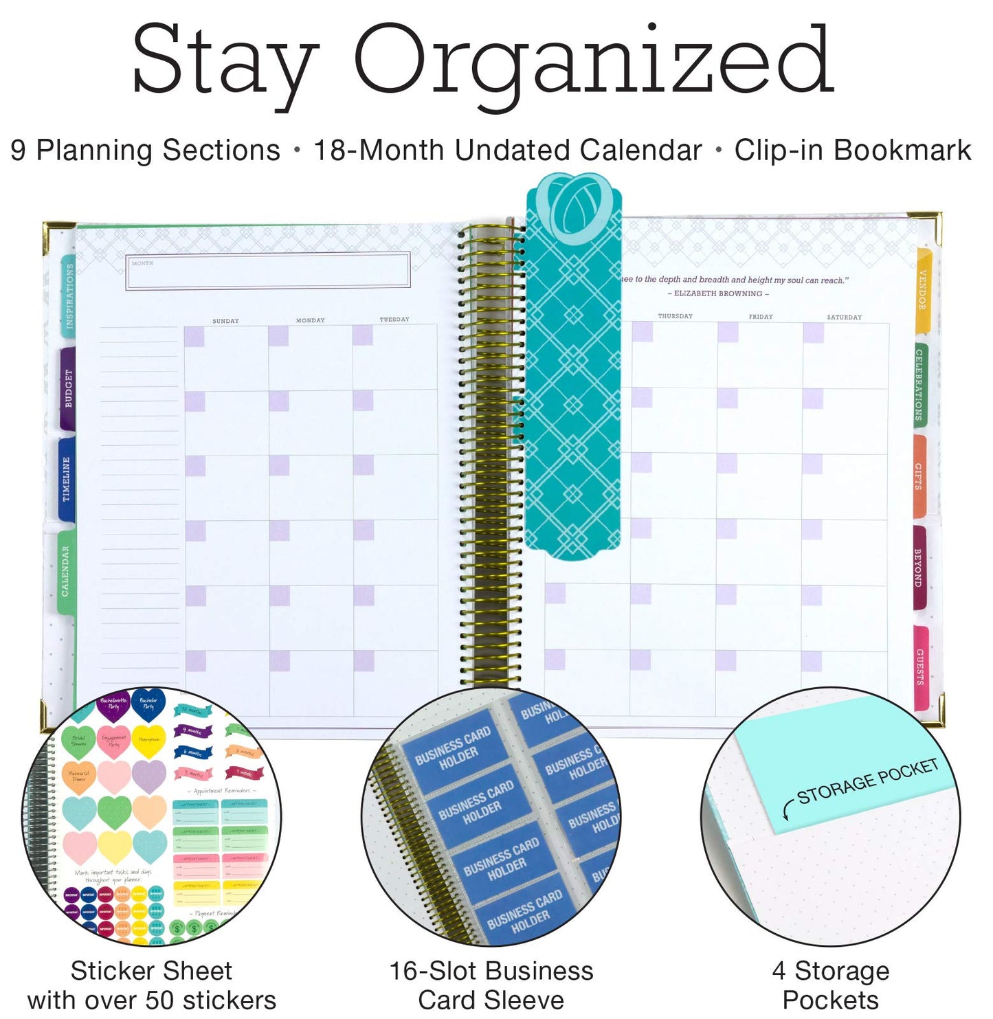 Global Printed Products Wedding Planner 9x11 Hardcover Organizer, Bookmark, Planning Stickers, Business Card Holder, and Pocket Folders