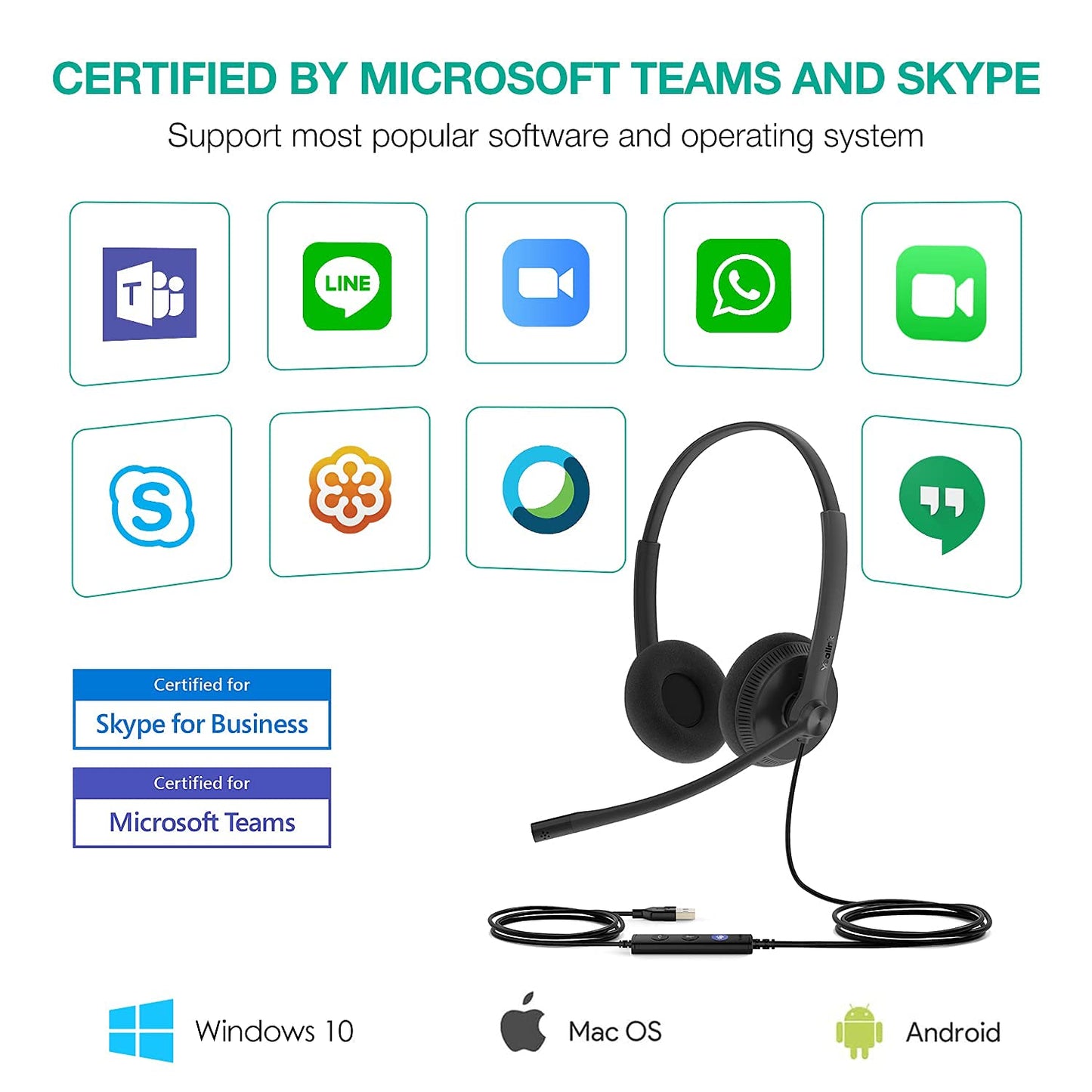 Yealink UH34 USB Headset with Noise Cancelling Microphone, Wired Headphones with Mic for PC/Computer/Laptop, Teams Certified, All Day Comfort, Easy Control for Home Office Online Class
