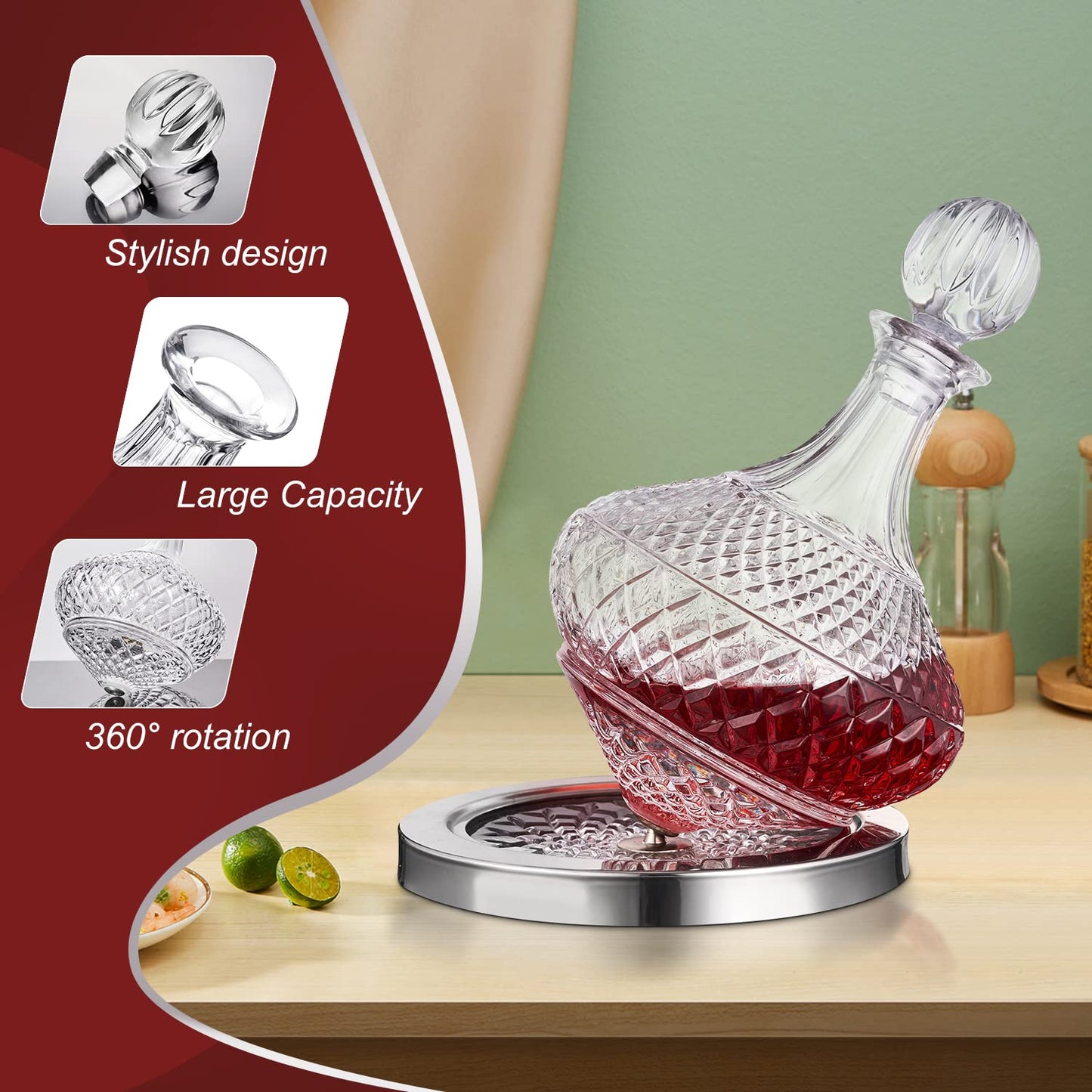 Paysky Red Wine Decanter 50oz/1500ml, Wine Carafe Decanter Made of Lead-Free Crystal Glass, 360° Rotating Decanters for Whisky and Wine, Decanter Gift Box Design for Men Women Gifts