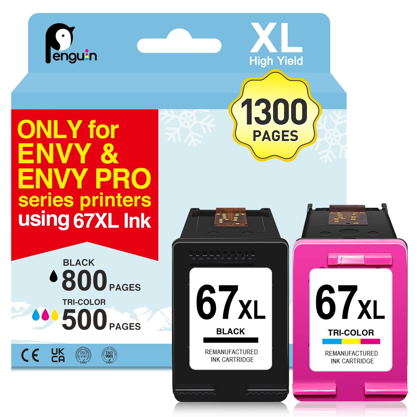 Penguin 67XL Ink Cartridge Replacement for HP 67 XL Envy 6052e 6055e 6400e 6420e 6452e 6010e 6020e 6022e 6030e 6032e 6034e 6050e 6422e 6430e 6432e 6450e Printers 67 Black & Color