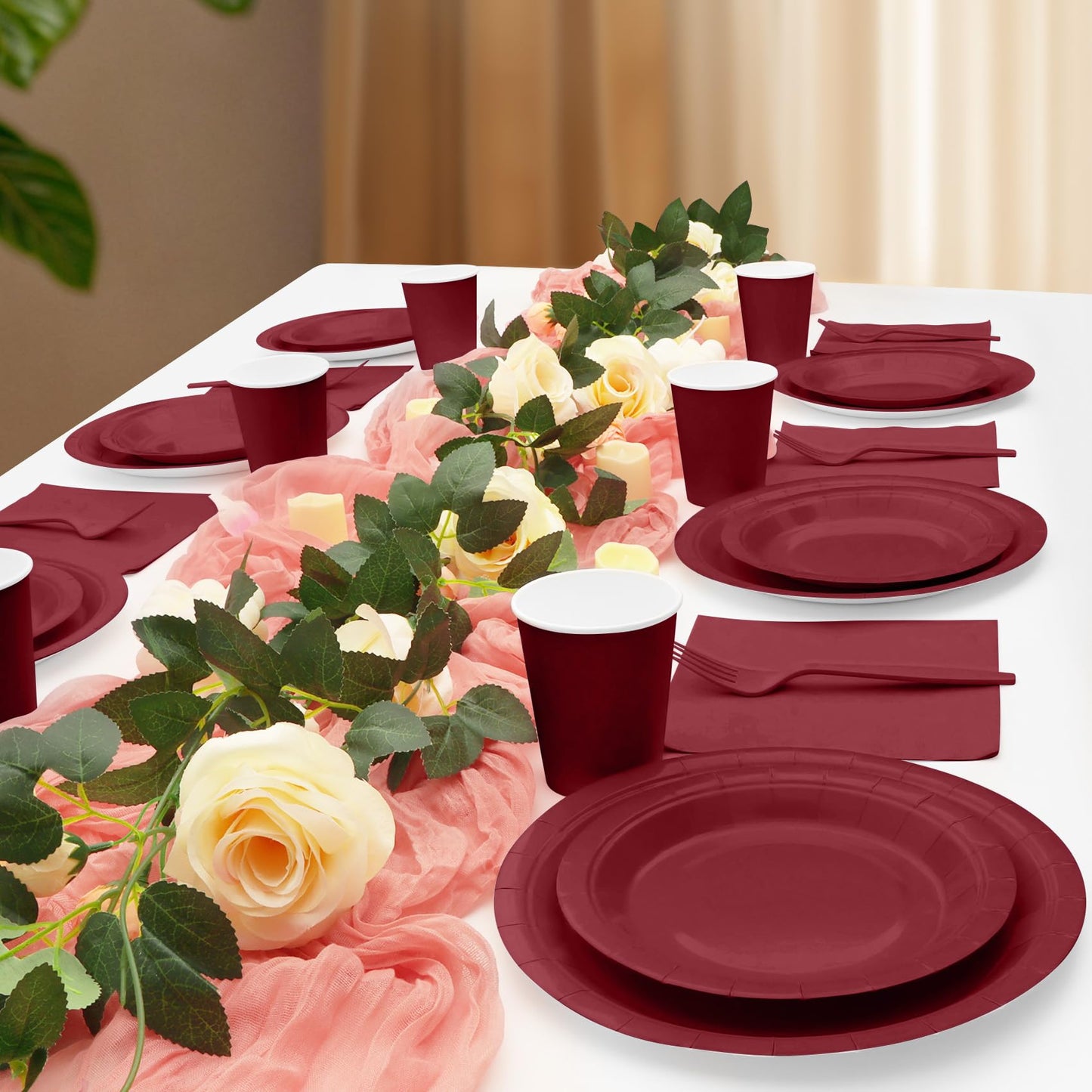 Burgundy Plates and Napkins Party Supplies, Include 9’’Disposable Burgundy Paper Plate, 7’’Dessert Plates and Cups and Napkins Forks Set for Birthday, Anniversaries, Wedding, Serves 25