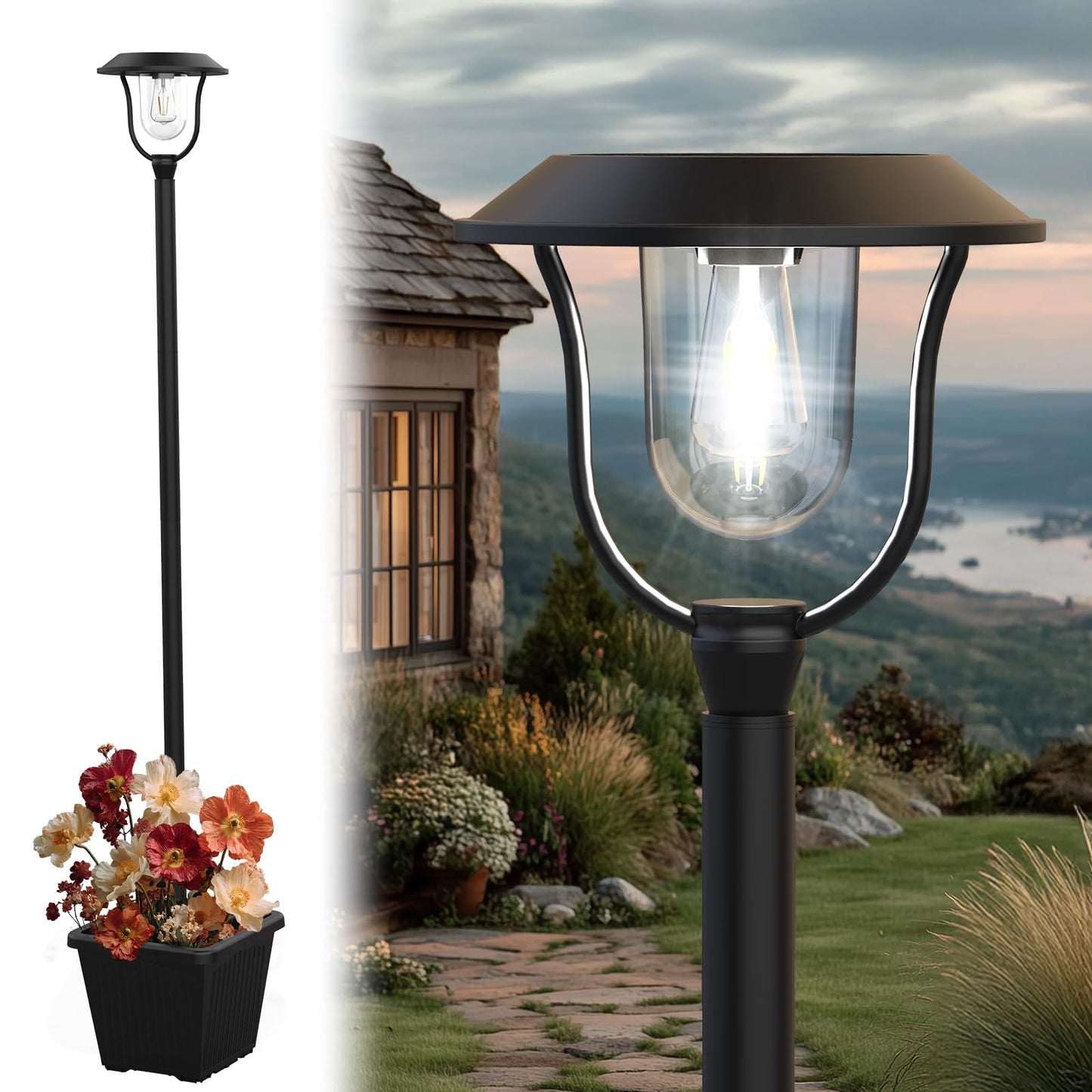 75" Solar Lamp Post Light with Planter, 100 Lumens Waterproof Aluminum Solar Outdoor Light, Auto On/Off Lamp Post for Garden Yard Patio Outdoor Space Decor - Cool White 6000K