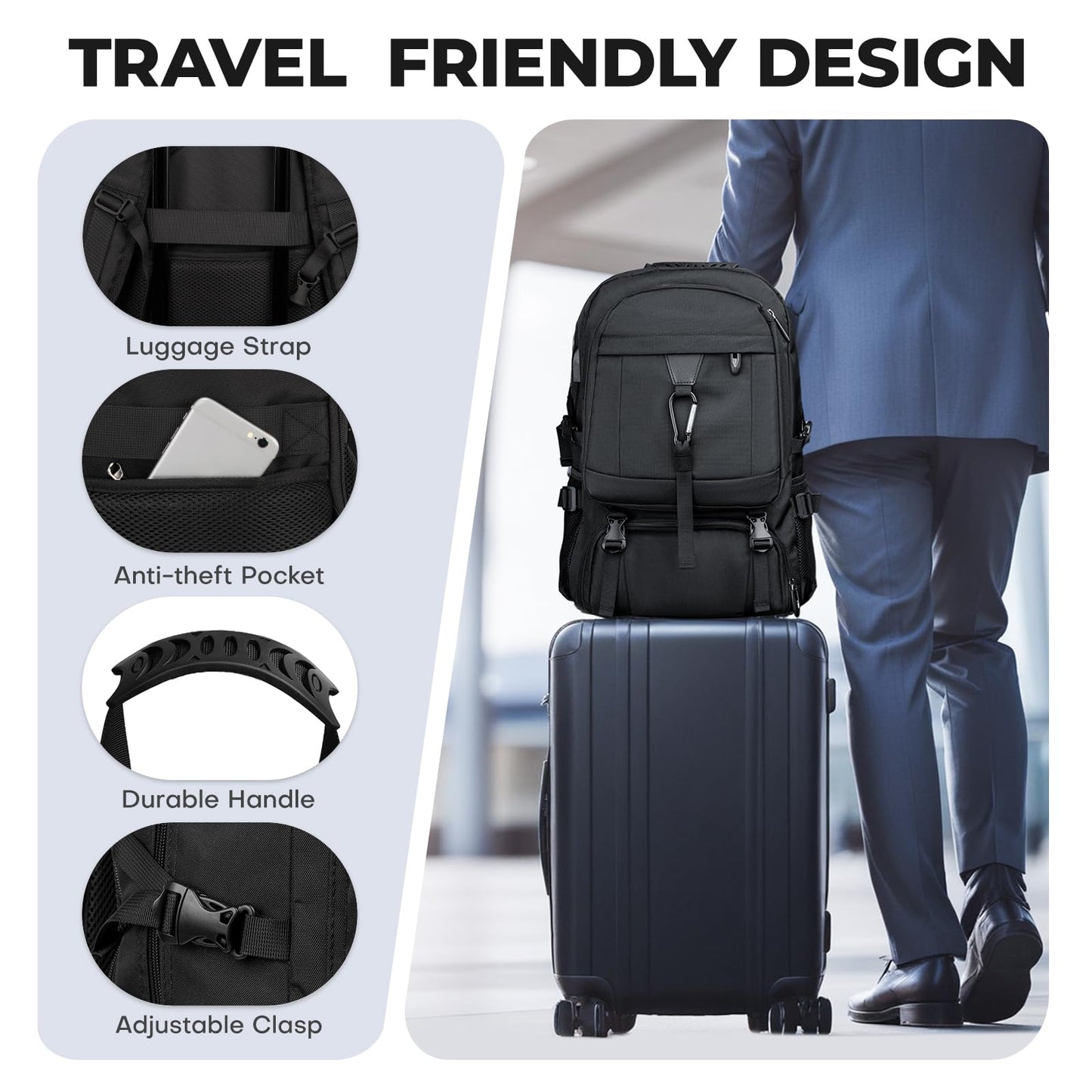 CIMALAY Travel Business Laptop Backpack with USB Charging Port and Shoe Pocket, College, Business and Hiking Camping, Black, M(Fits 4.92-5.91ft height), Classic