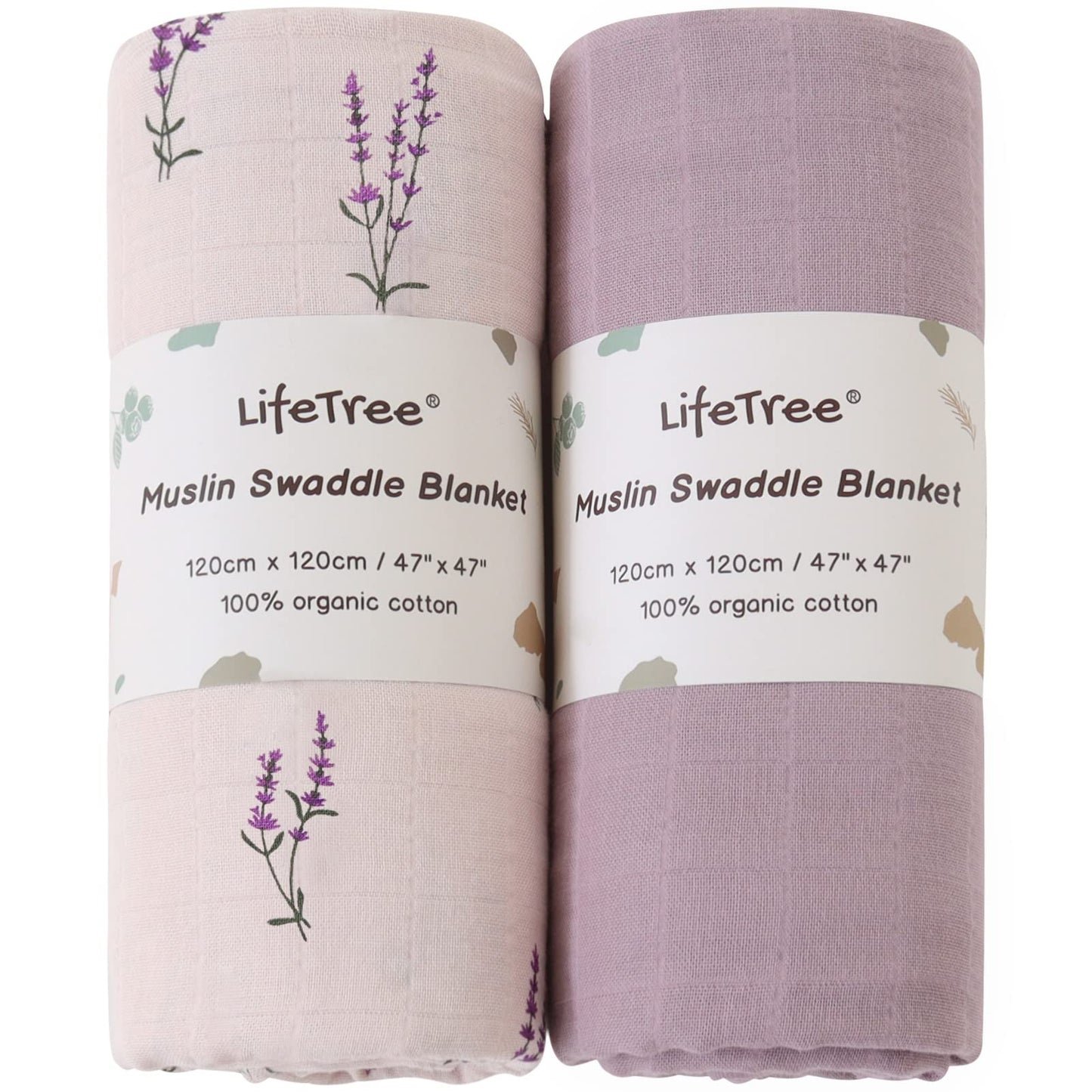 LifeTree Baby Swaddle Blankets, Organic Muslin Swaddle Blankets Boys Girls Swaddling Wrap Receiving Blanket Neutral for Newborn, Organic Cotton, Large 47 x 47 inches, Lavender & Mauve