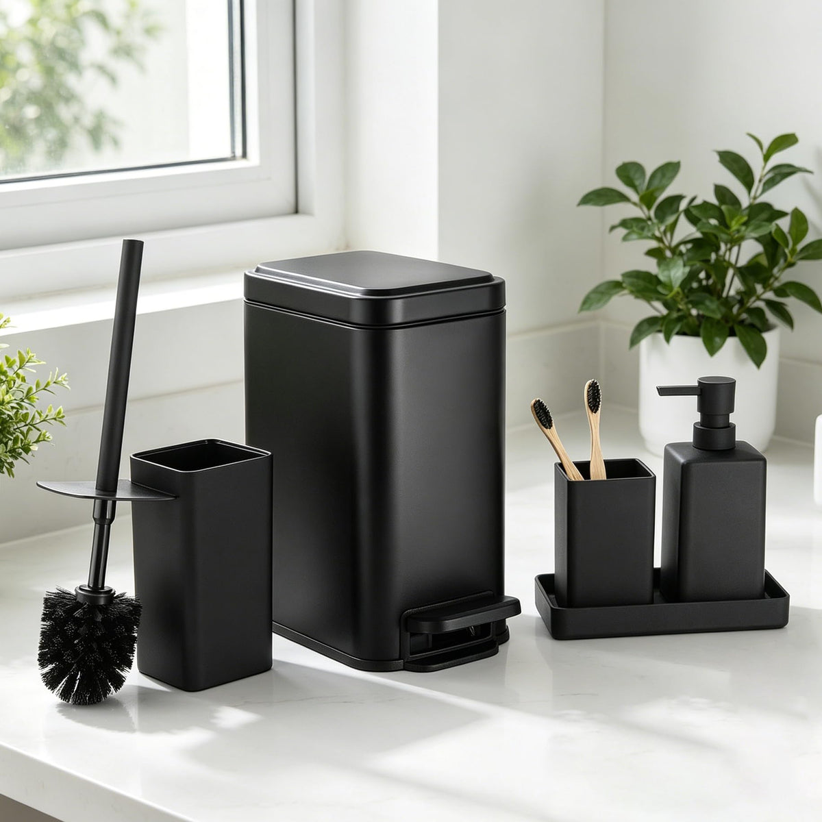 GAHEFY 5-Piece Bathroom Accessory Set with Stainless Steel 5L Soft-Close Trash Can, Toilet Brush with Holder, Soap Dispenser, Toothbrush Holder & Tray, Matte Black Bathroom Organizer