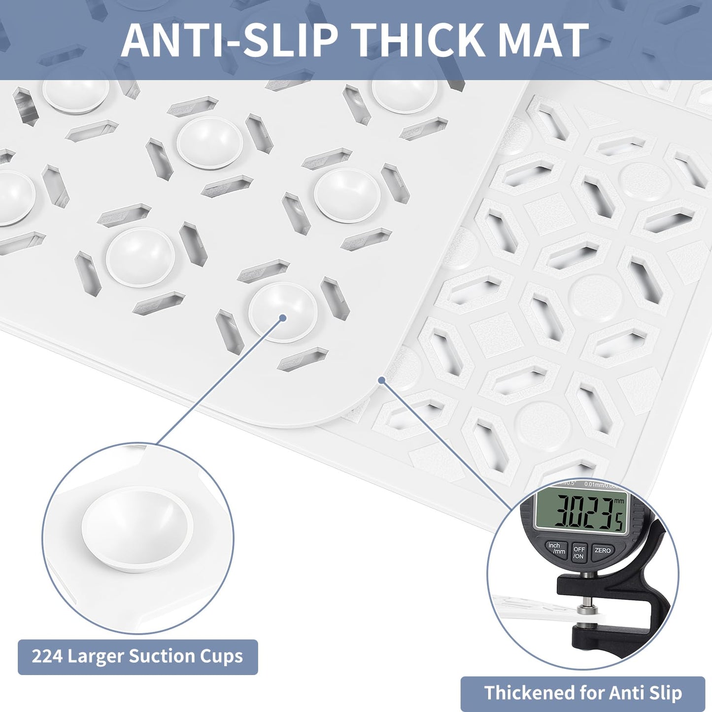 OTHWAY Square Shower Mat, 27"x 27" Extra Large Shower Mats for Inside Shower, TPE Anti Slip Shower mat with Suction Cups Drain Holes, Machine Washable Shower Floor Mat (White)