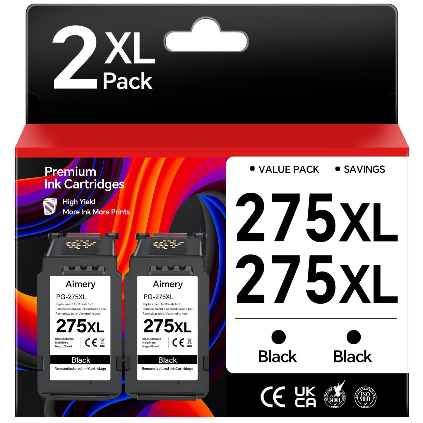 PG 275 Black Remanufactured for Canon 275 275XL Ink Cartridges PG-275XL PG275 PG275XL Use for Canon Pixma TS3720 TR4720 TR4725 TR4723 TR4722 TS3500 TS3520 TS3522 Printer, PG-275 2-Black