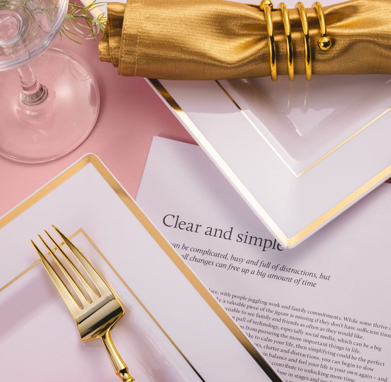 BloominGoods Plastic Disposable Square Dinner Plates | 50-Pack 9.5 inches White with Gold Rim Square Plates | Ideal for Weddings, Parties, & Catering | Heavy Duty & Non Toxic