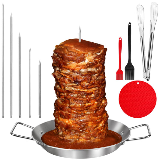 Al Pastor Skewer for Grill, 13 Inch Brazilian Spit Stand with 5 Spikes & 2 Brushes, Tong, Pad, Stainless Steel Vertical Sticks, Gyro Pan with Fat Separator for Tacos Al Pastor, Shawarma, Chicken