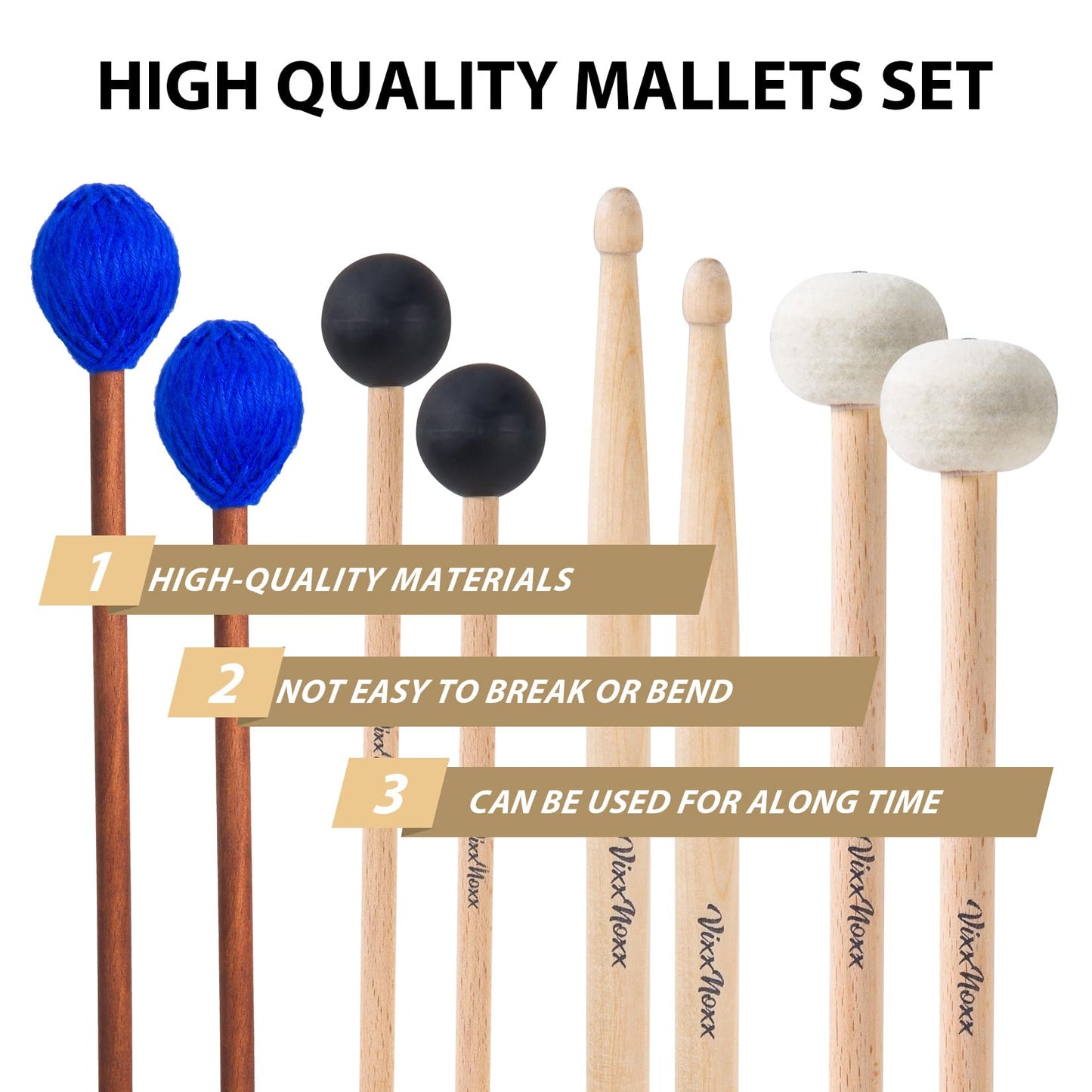VixxNoxx Drum Mallets Kit – 4 Pairs (Felt, Rubber, Marimba, 5A) Drumsticks with Bag, Percussion Instrument Beginner Accessories for Steel Drum, Bass Drum, Cymbals, Glockenspiel, Xylophone Mallet