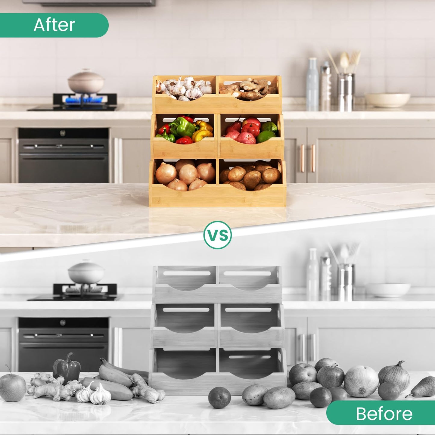 Bamboo Potato Onion Storage Bins Natural Brown, 3 Tier Stackable Ventilated Kitchen Organizer for Pantry, Countertop, Bathroom, Space-Saving, Easy Access Handle
