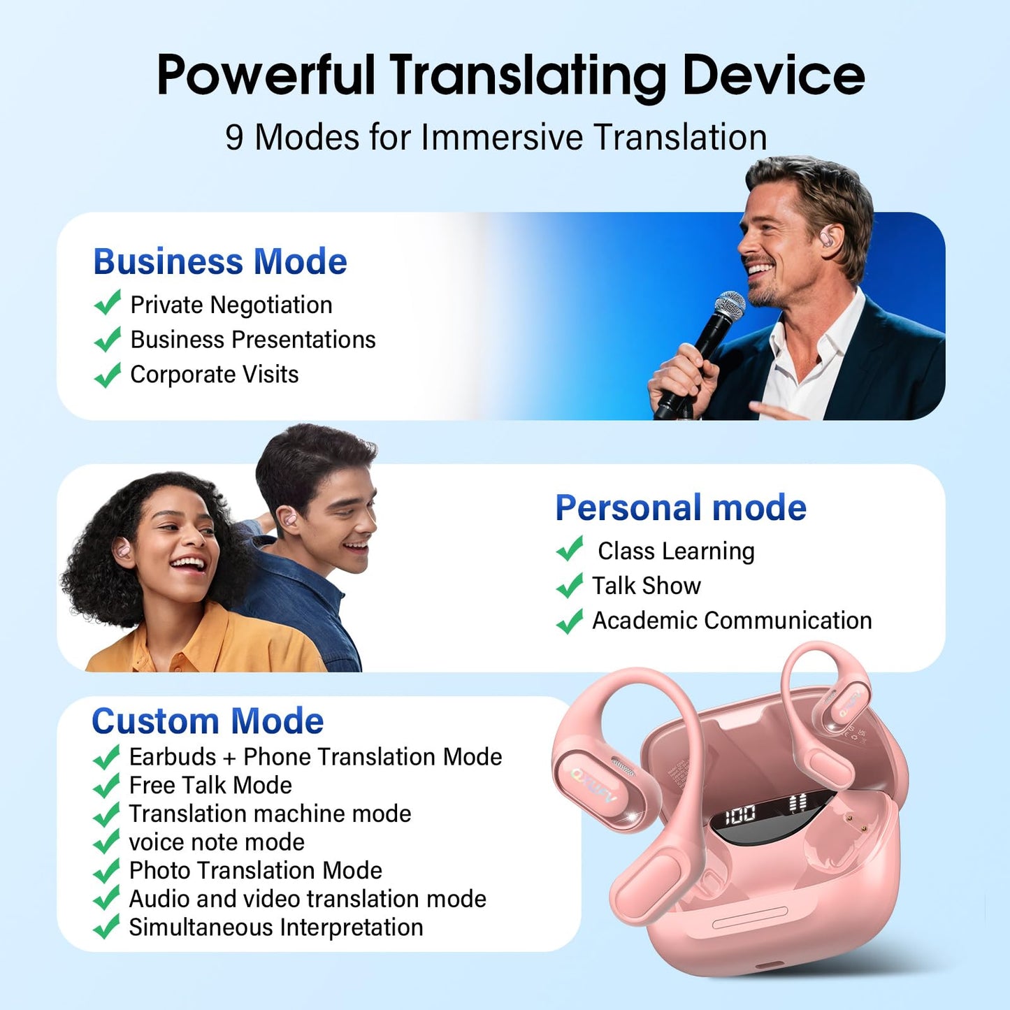 Ai Translation Earbuds Real Time with Audio and Video Calls, 3-in-1 Buletooth 5.4 Translator Earbuds with 6 Translation Modes/164 Languages/No Subscription Required, 50H Headphones (Pink)