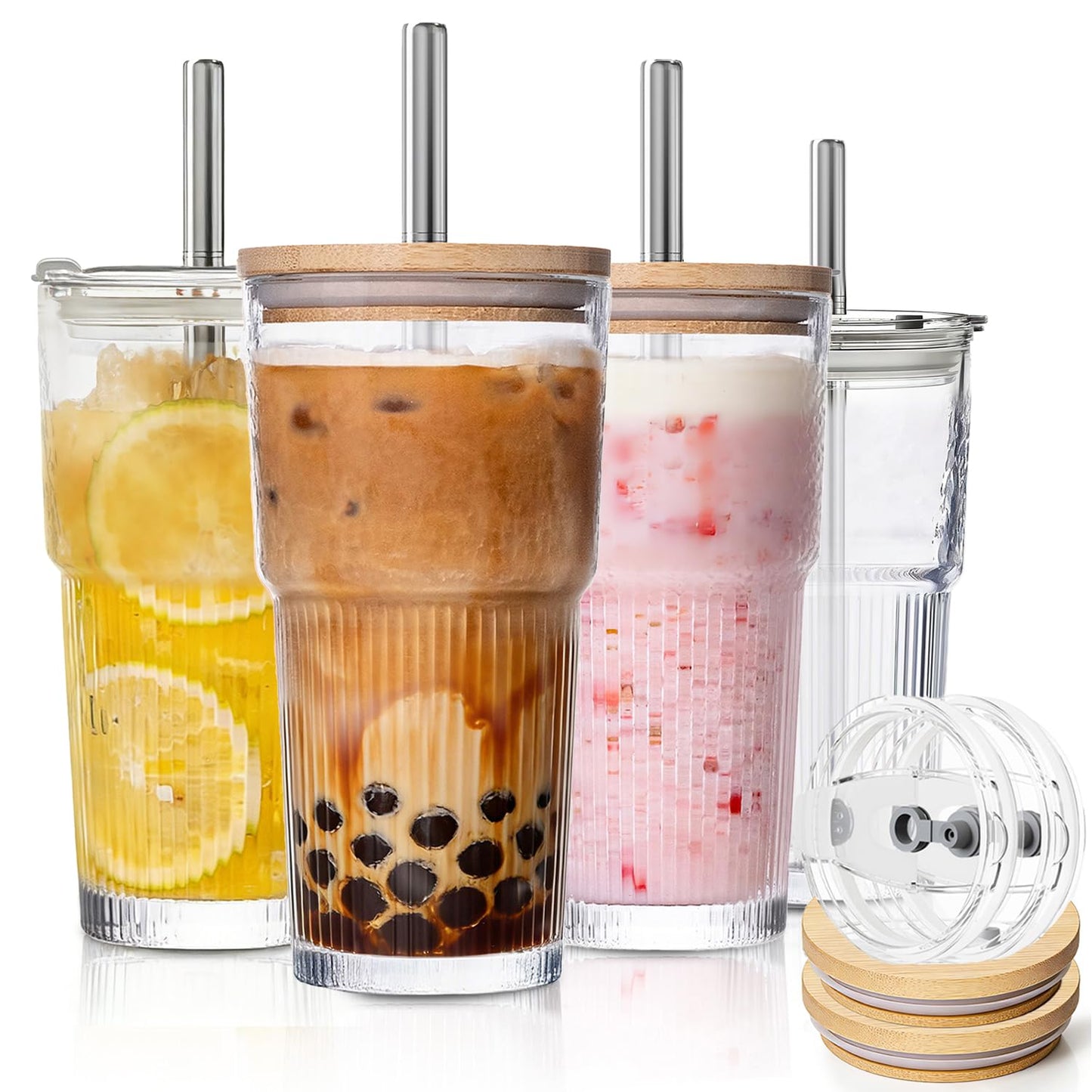 KEMORELA 20oz Ribbed Glass Tumblers with Reusable Stainless Steel Straws, Bamboo & Leak-Proof Dual Lids, Extra-Wide 13mm straw, 4Pc Vintage Drinking Glasses for Boba,Iced Coffee, Smoothies,Travel Cups