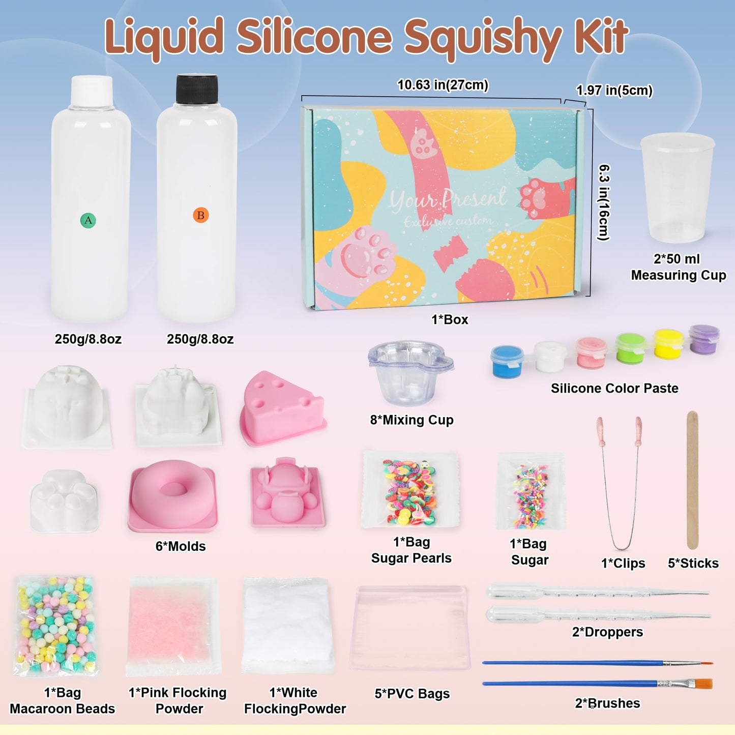 Starry Taba Squishy Kit Set 500g Taba Squishy Making DIY Kit with 1:1 AB Liquid Silicone Faster Fully Cures Bubble Free with 6 Molds, Flocking Powder for Stress Relief Gift