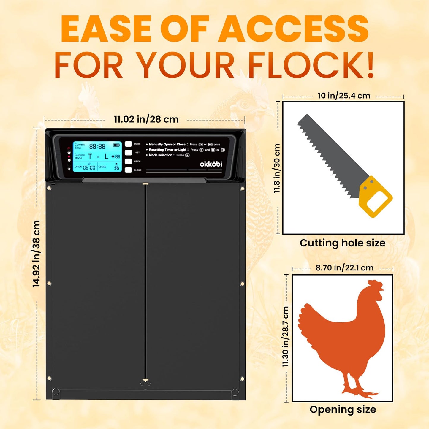 Extra Large Automatic Chicken Coop Door Solar Powered with Remote – LCD Display, Light Sensor, Timer & Anti-Pinch Function – 28.7 cm x 22.1 cm Door Opening – 5-Year Protection – Black – by Okköbi