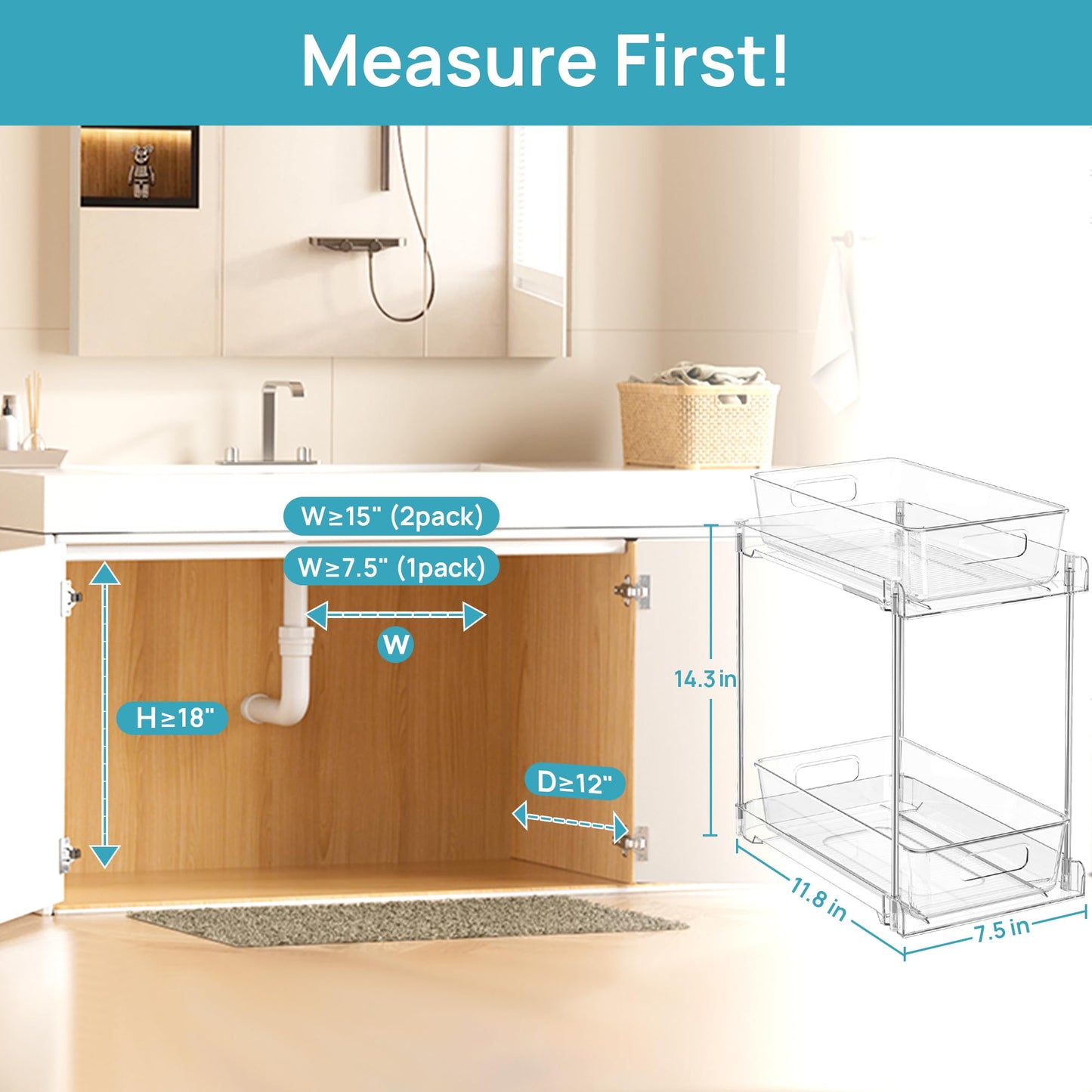 Vtopmart 2 Pack Higher Bathroom Organizer, 2 Tier White Under Sink Organizers Vanity Countertop Storage Container,Cabinet Drawers Bins, Pull-Out Organization with Track for Pantry, Kitchen
