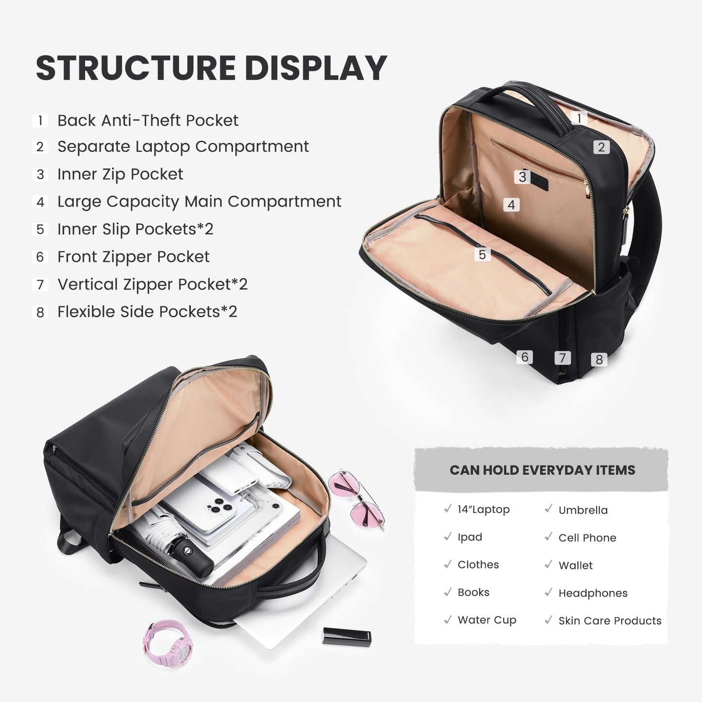 GOLF QUALITY Laptop Backpack for Women, Work Business Traval Computer Backpacks with Laptop Compartment Waterproof Casual Daypack for Travel College,16Inch,Black
