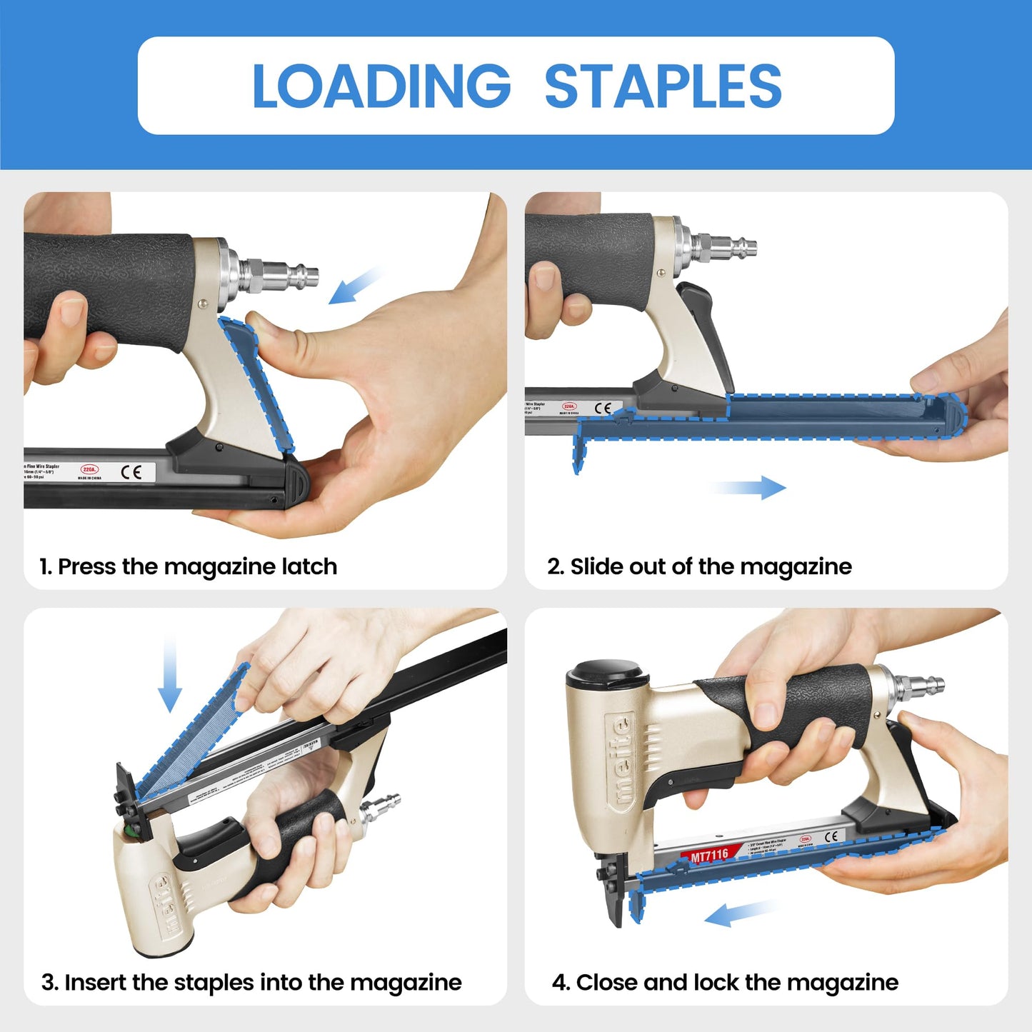 meite MT7116 Pneumatic Upholstery Stapler - 22 Gauge 71 Series 9MM (3/8-Inch) Crown 6-16MM (1/4-Inch to 5/8-Inch) Leg Length Fine Wire Stapler Air-Powered Furniture Stapler