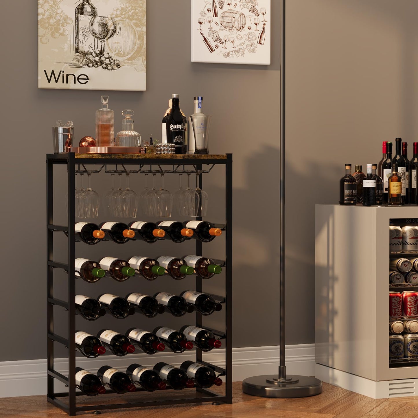 Urban Deco Wine Rack Free Standing Floor for 30 Bottles, 6-Tier Wine Bottle Holder with Metal Frame and Wooden Tabletop, Liquor Shelf for Kitchen Bar Dining Room Living Room, Black