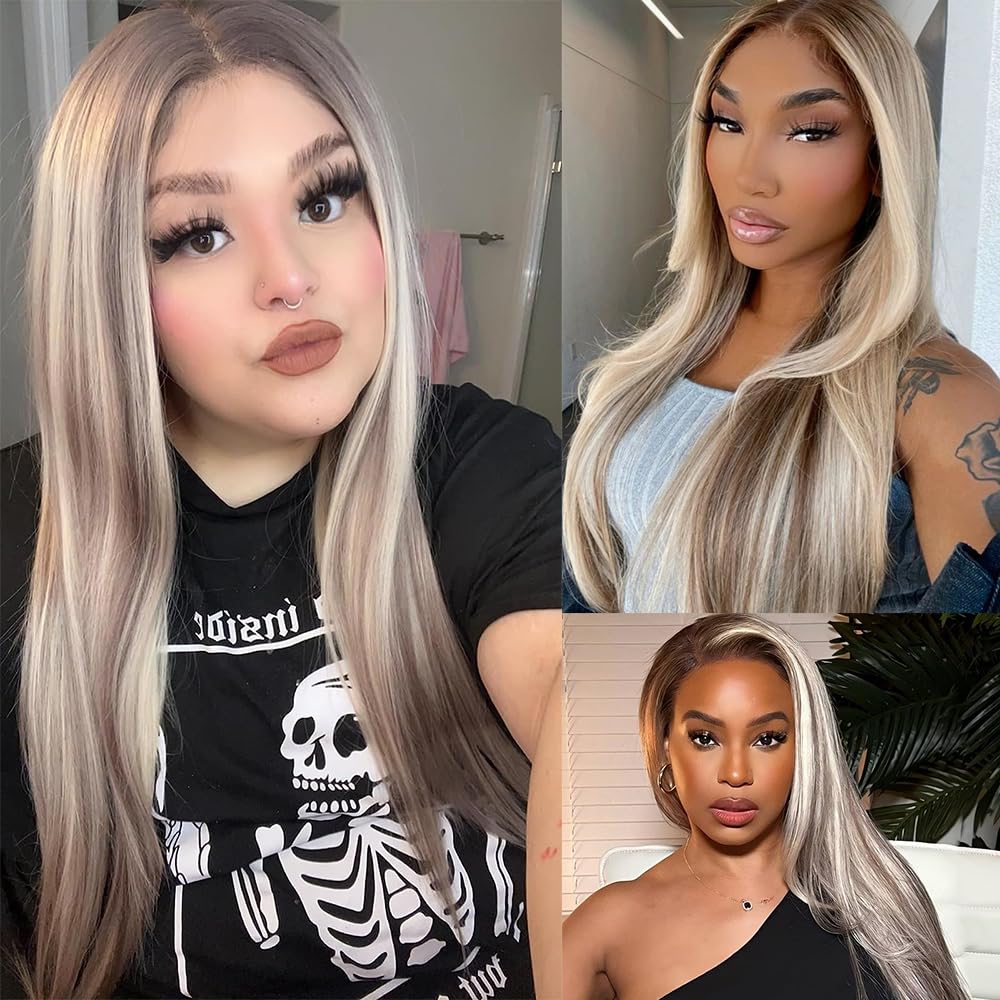 MACA BAKA Highlight Ash Blonde Lace Front Wig Long Straight Glueless Ombre Brown Mixed Blonde 13x4 Synthetic Lace Front Wigs for Women 150 Density 24 Inches