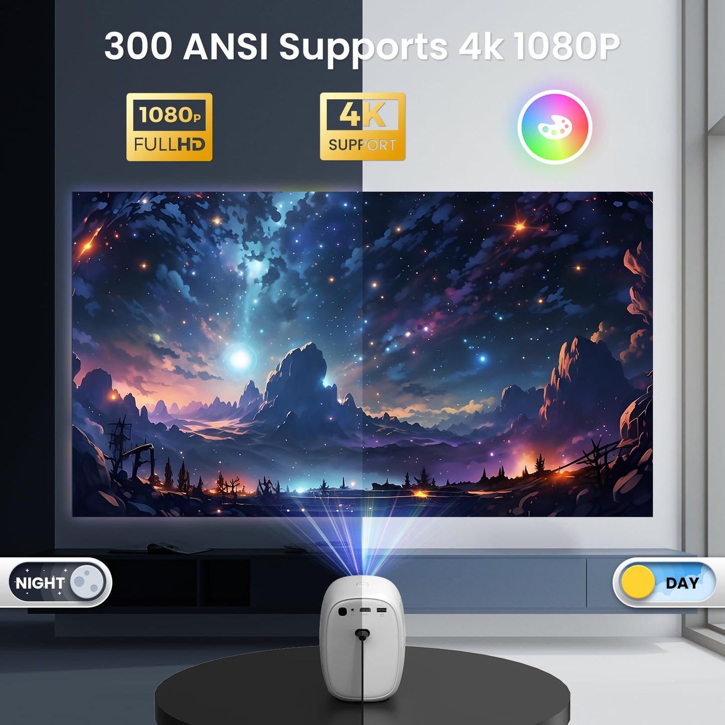 [Auto Focus/Built-in Apps] Mini Projector with WiFi and Bluetooth 4K 1080P Native Projector with Apps and Android TV OS, Auto Correction, Stereo Speaker, Black Portable Projector, White