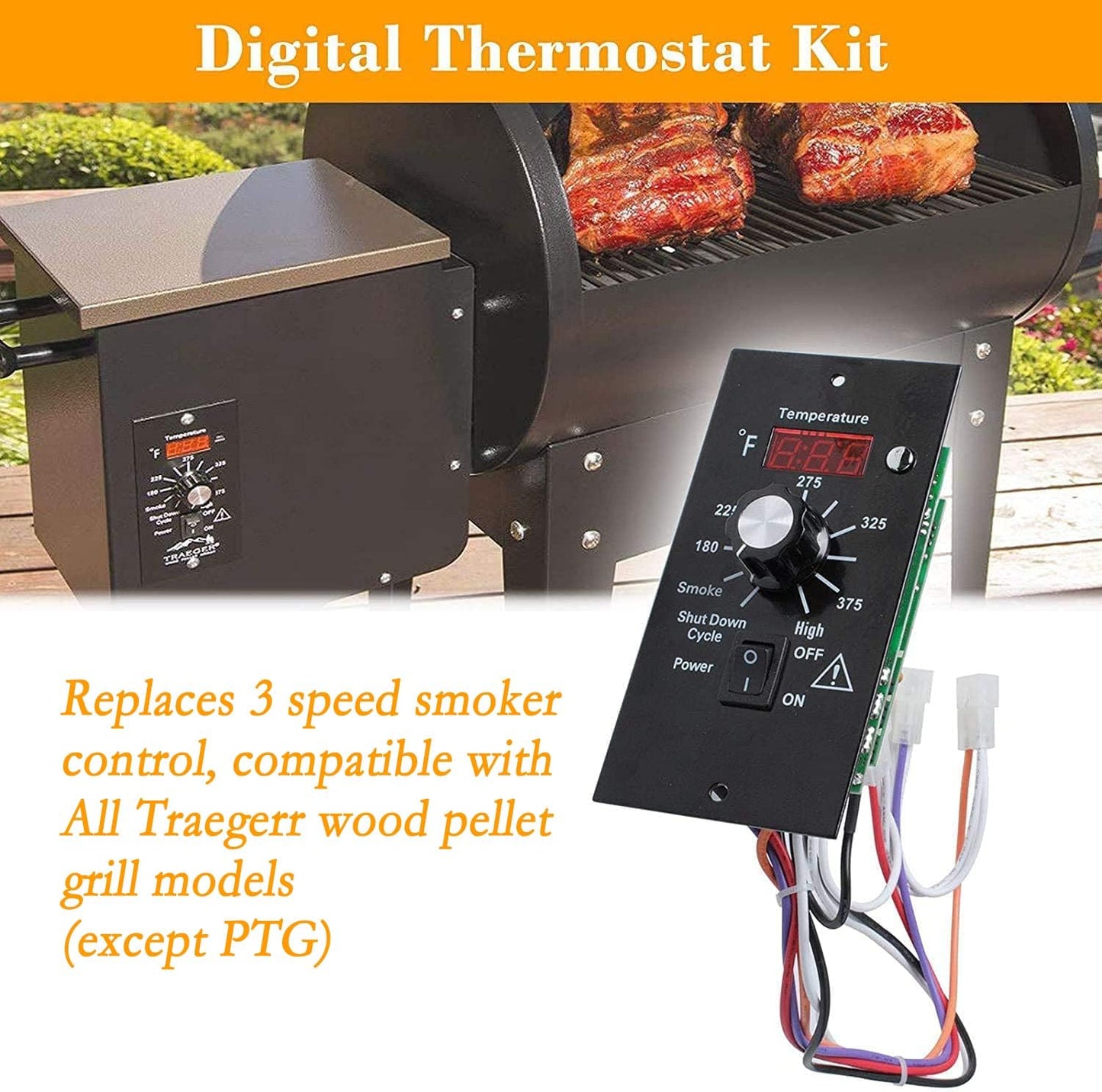 Digital Thermostat Controller Kit Compatible with Traeger Pellet Grills BAC200 BAC236 BAC283 BAC388 Replacement Parts with LED Display Temperature Control Panel & 7" RTD Temperature Sensor Probe