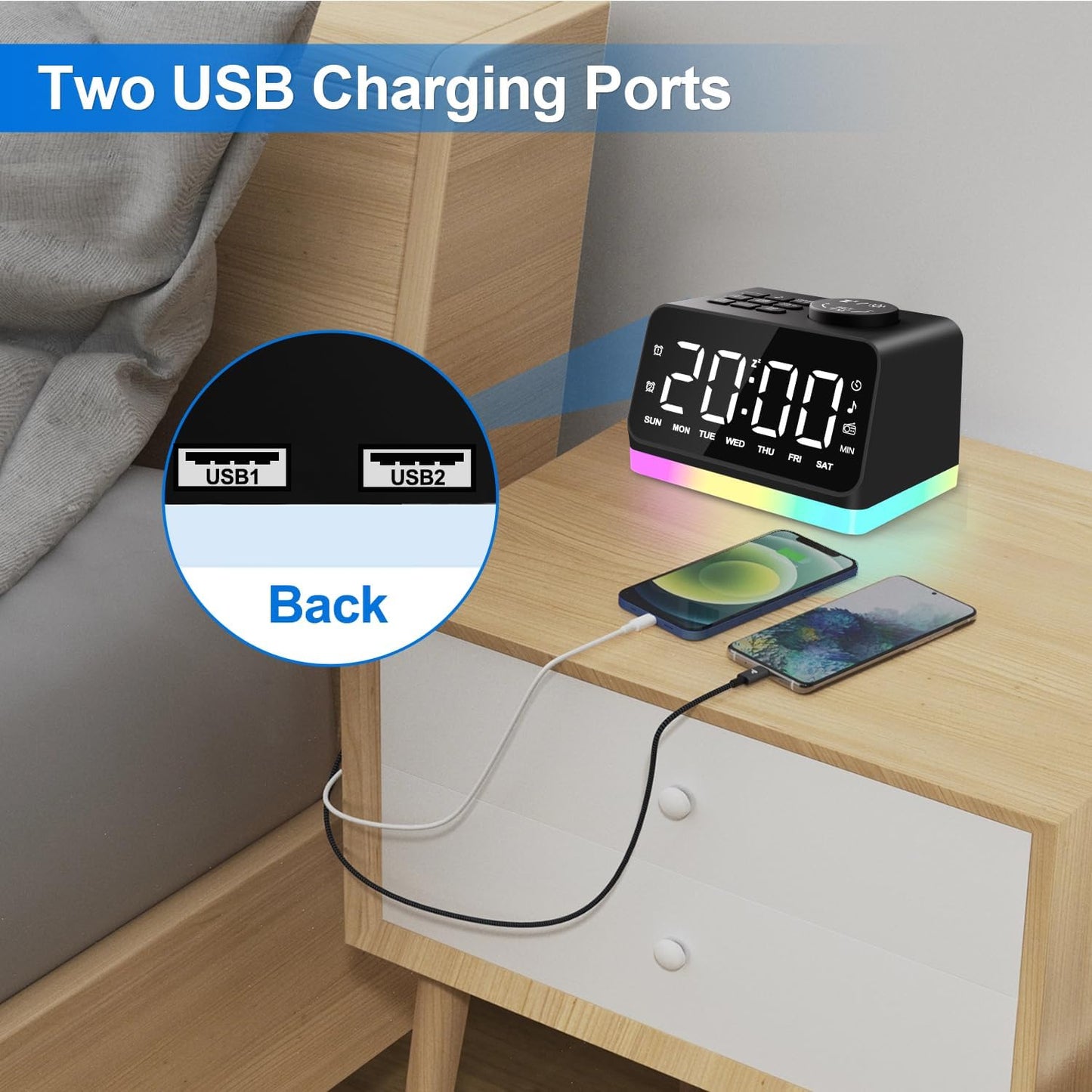 Modern Digital Alarm Clock with FM Radio, Alarm Clocks for Bedrooms with 2 Charging Port, Sleep Sound Machines with Timer, Dual Alarm, Loud Alarm and Easy to Use for Seniors and Kids as Gift