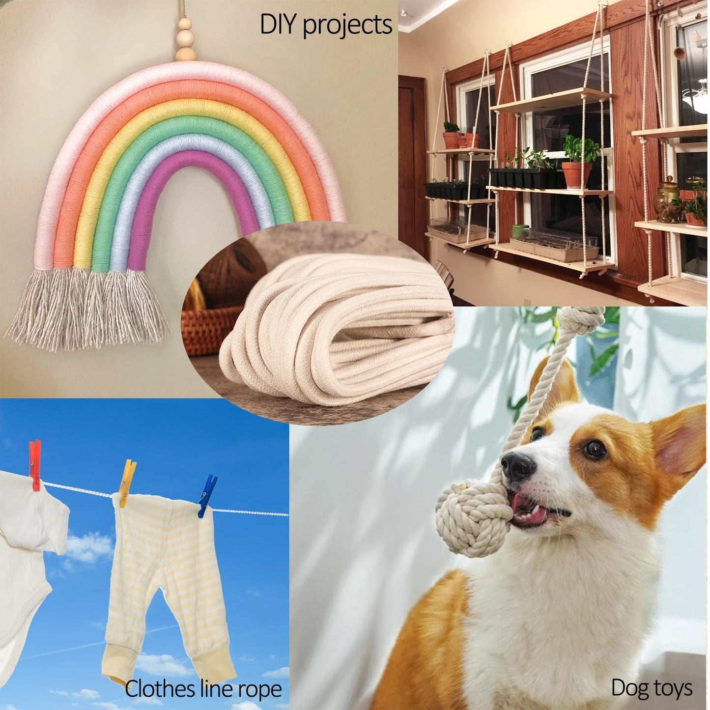 Aoneky Cotton Rope Washing Line Rope Outdoor Clothes Line Long Braided White Rope (3/8 inch x 100 ft)