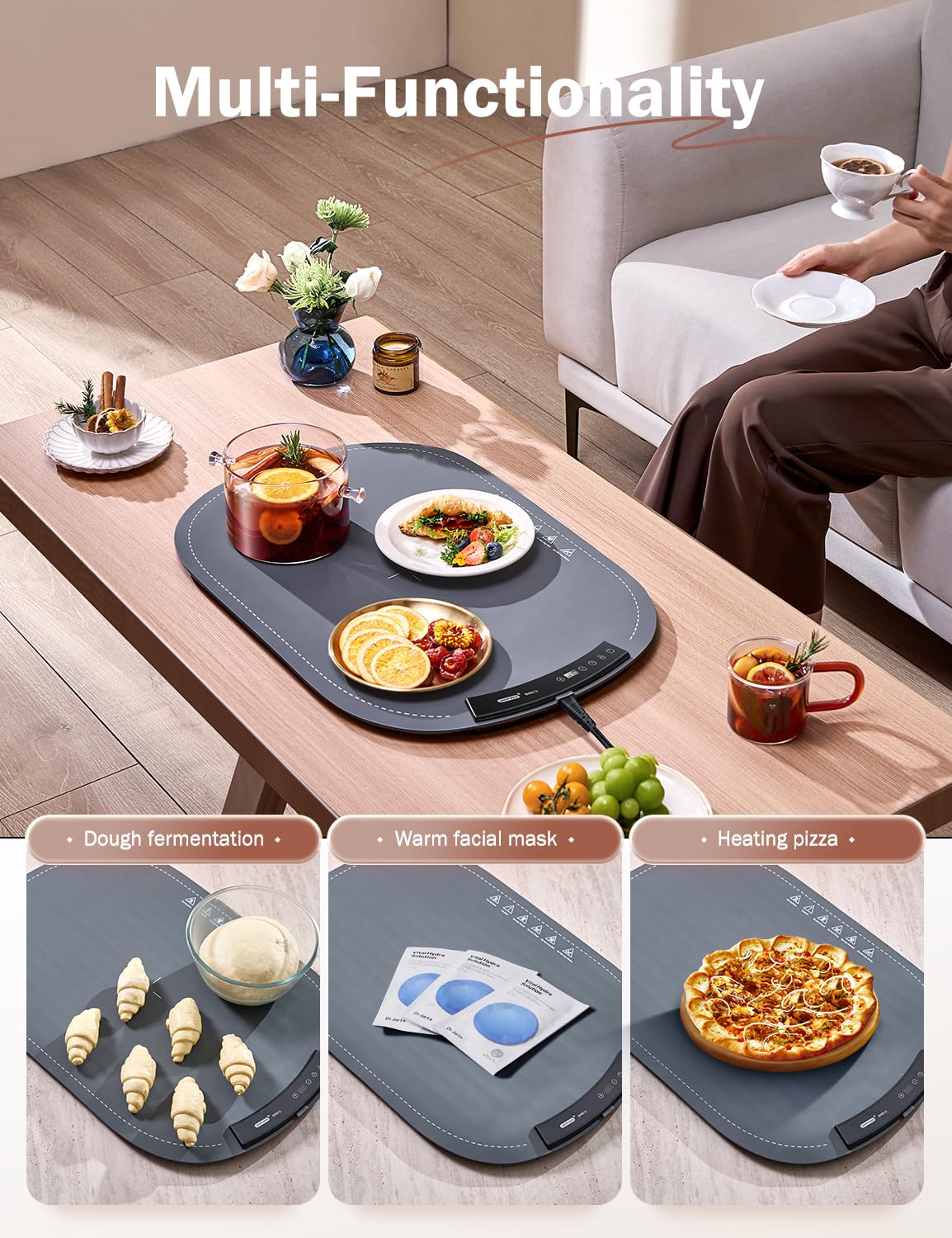 SINOPUREN Electric Food Warming Mat - Fast Heating Silicone Warming Tray, Portable & Roll-Up Design, Waterproof, Perfect for Parties, Buffets, Home & Travel (7 Temp Levels)