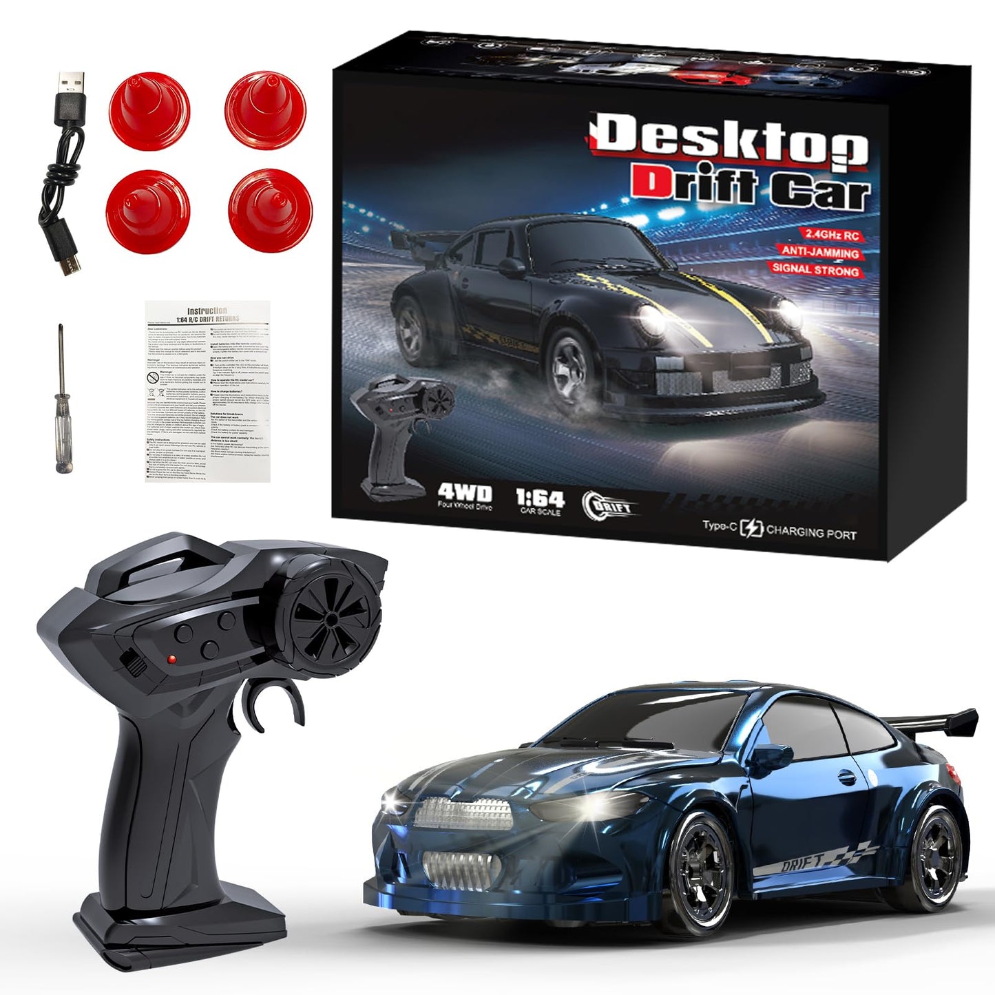 Hylukon 1:64 Scale Mini RC Drift Car, 2.4GHz 4WD Desktop RC Drift Car, Handheld Racing Mini Vehicle with LED Lights, Speed Switching Racing Sport Toy for Adults Teens (Blue)