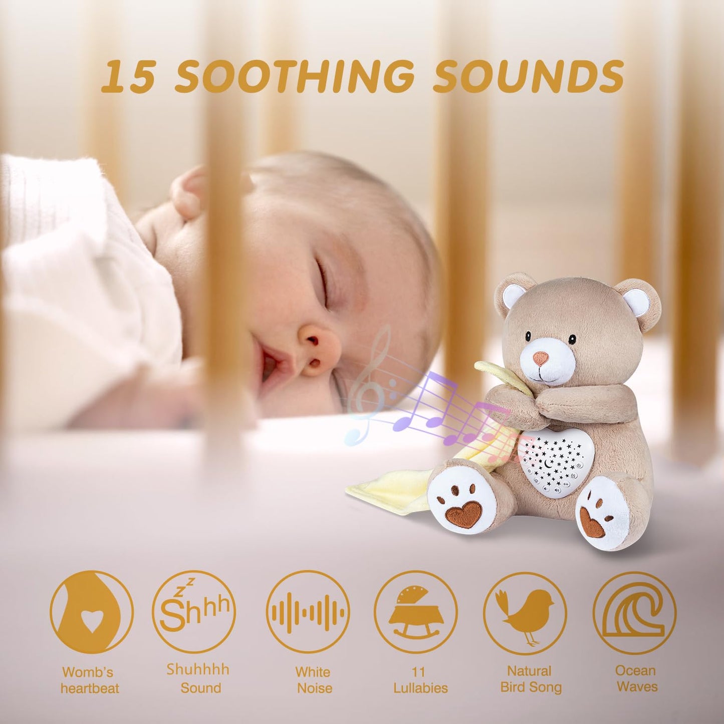 BEREST Rechargeable Sleep Soother Heartbeat Dreamy Bear, Baby Cry Sensor Lullabies & White Noise Machine, Nursery Decor Night Light Projector, Toddler Crib Sleeping Aid Baby Shower Gifts Teddy
