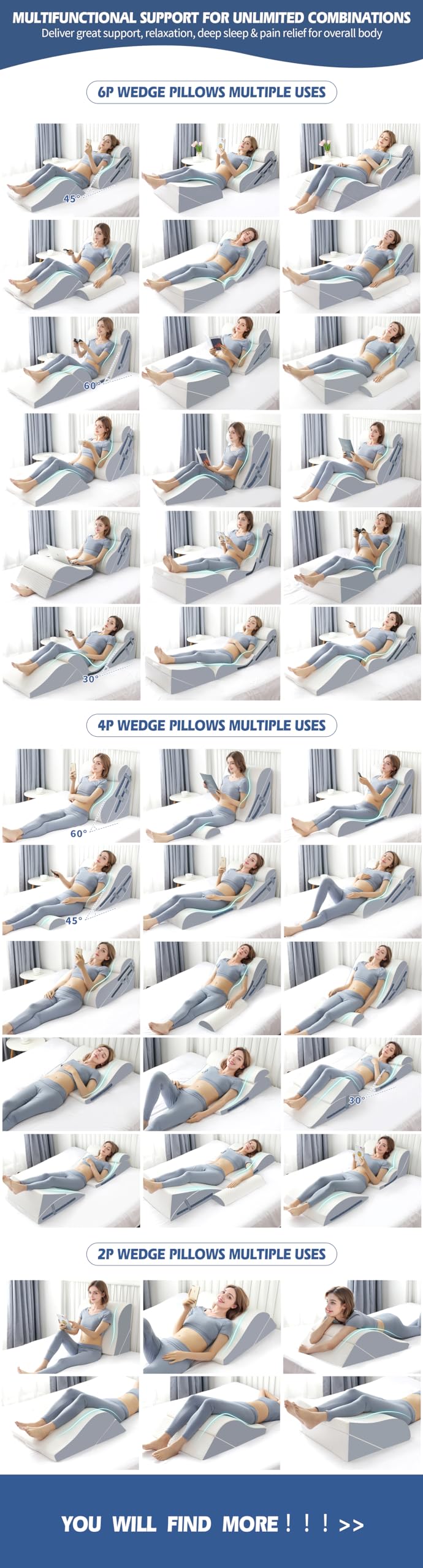 4PCS Orthopedic Bed Wedge Pillow Set with Full Memory Foam Waist Pillow, Wedge Pillow for Back Pain Relief, Adjustable Bed Wedge Pillow for Sleeping, Post Surgery, Leg Elevation, Acid Reflux & GERD