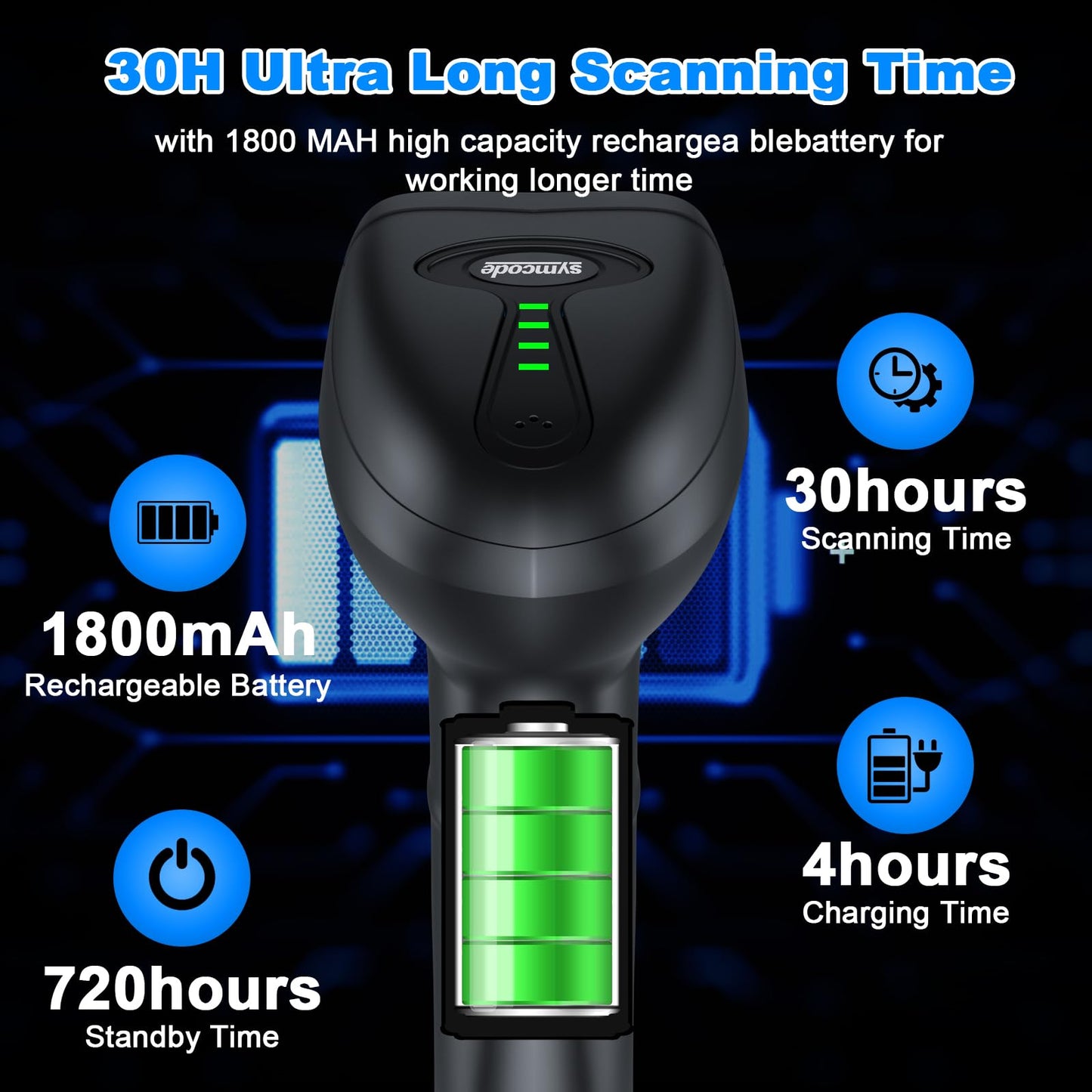 Symcode Barcode Scanner Wireless with Auto-Sensing Stand,Handheld 1D Laser Cordless Bar Code Scanner with Battery Level Indicator and Multiple Scanner to One Receiver