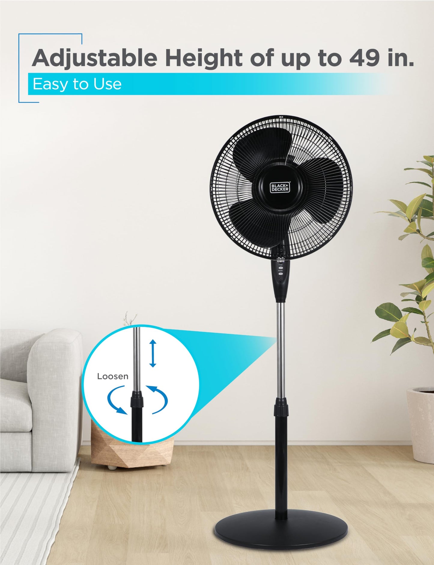 BLACK+DECKER 16-Inch Stand Fan with Pedestal Base, Height Adjustable Pedestal Fan with Remote and Touch Control Panel, Free Standing Fan with 90-Degree Oscillating and 3-Speed Settings, Black
