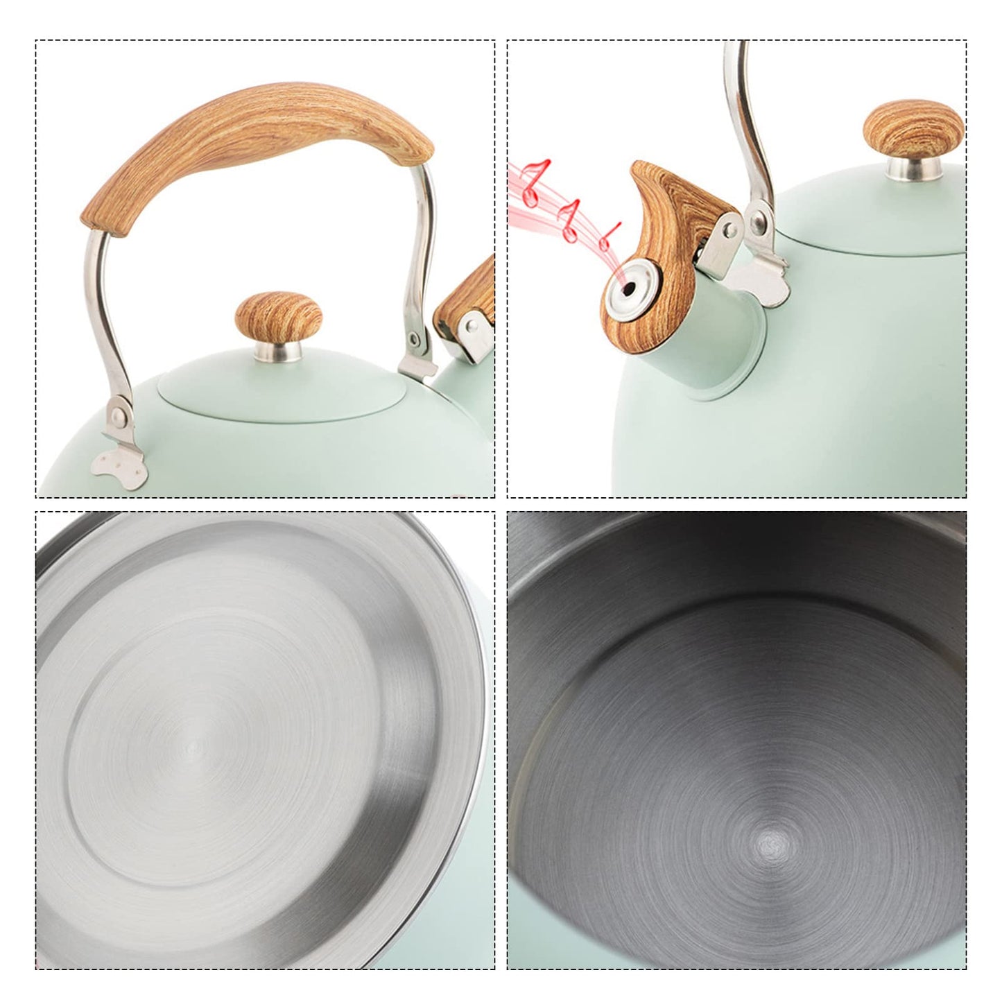LYTDMSKY Tea Kettle, Stove Top Kettle Green, Whistle Kettle for Stovetop, 2.5L Food Grade Stainless Steel Tea Pot Stovetop for Tea Coffee Milk, Folding Wood Handle Farmhouse Whistling Kettle