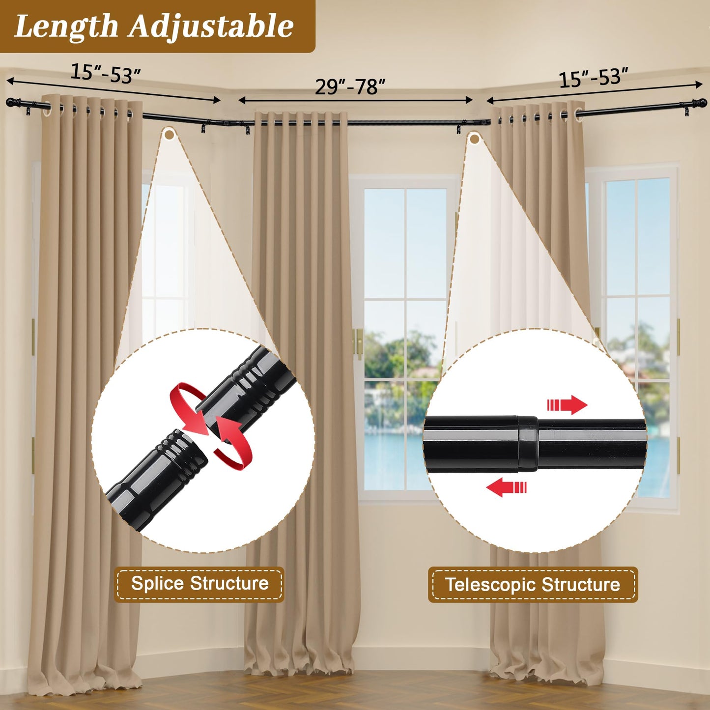 Bay Window Curtain Rods, U-shaped Curved Curtain Rods for Windows 59 to 184 Inches, Black 1 Inch Diameter Heavy Duty Curtain Rods for Bedroom, Living Room, Adjustable Renter Friendly Curtain Rods...