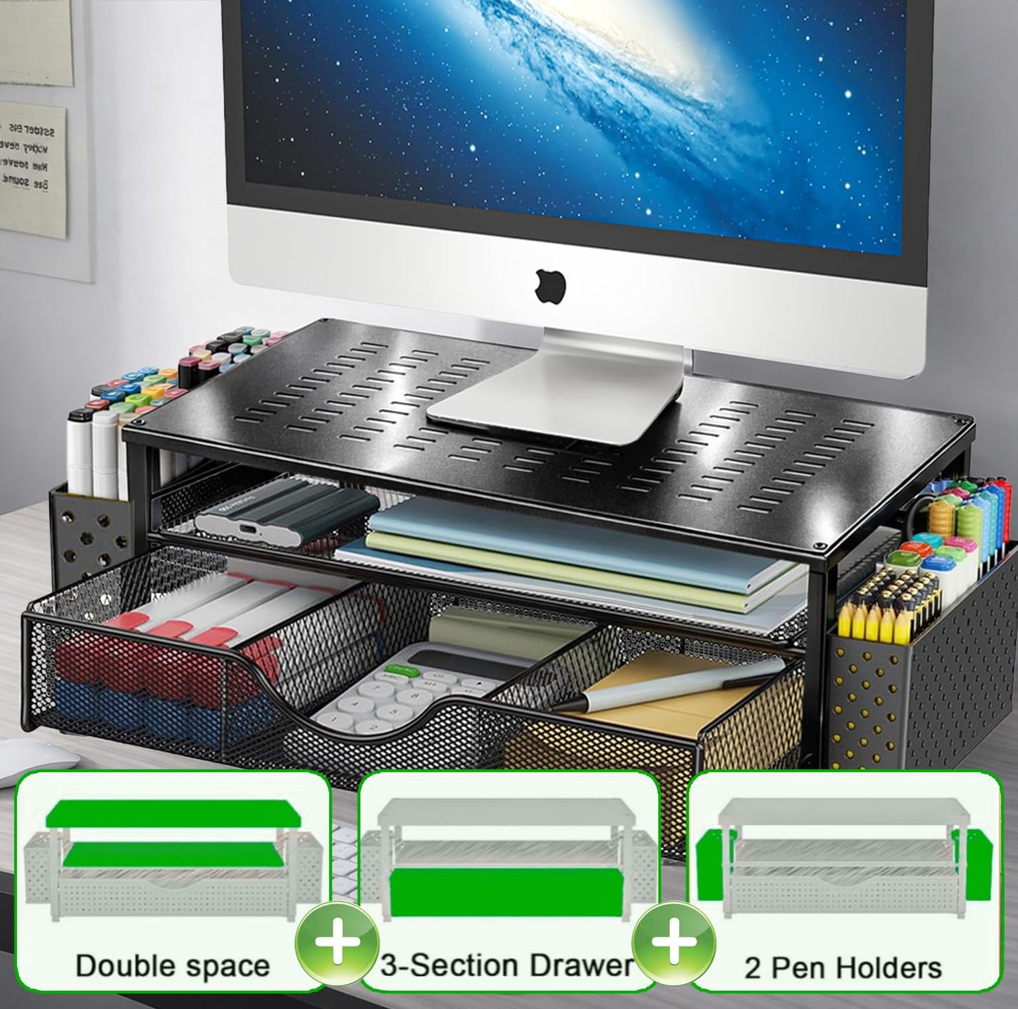Computer Monitor Stand Riser, 2-Tier Metal Desk Organizer with Drawer & 2 Pen Holders Storage for Desktop, Laptop Stand, Office Desk Accessories for Home Office Supplies (Black 2)
