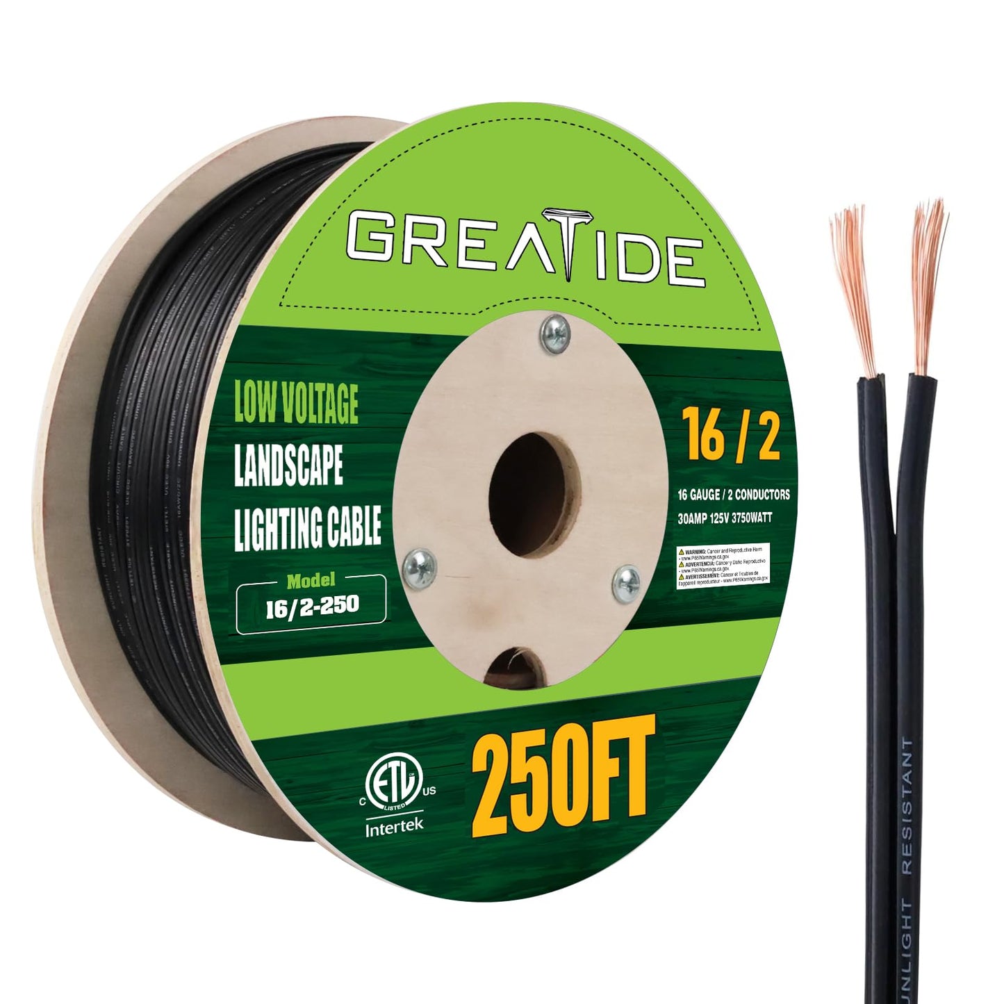GREATIDE 16/2 Low Voltage Landscape Lighting Wire, Outdoor Direct Burial Cable, 16 Gauge 2 Conductor, 250 Feet