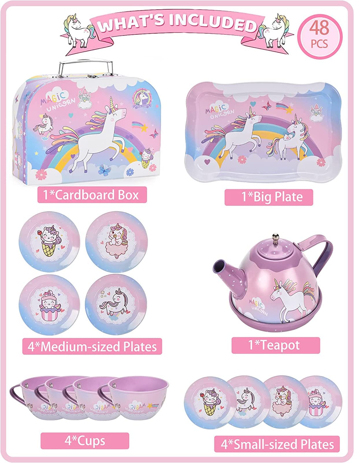ZEAUBiM Kids Tea Set for Little Girls,Gift for Age 3 4 5 6 Year Old, Toddler Toys Tea Party Set for Little Girls, Princess Kids Kitchen Pretend Toy with Tin Tea Set (Unicorn Tin Teapot Set)