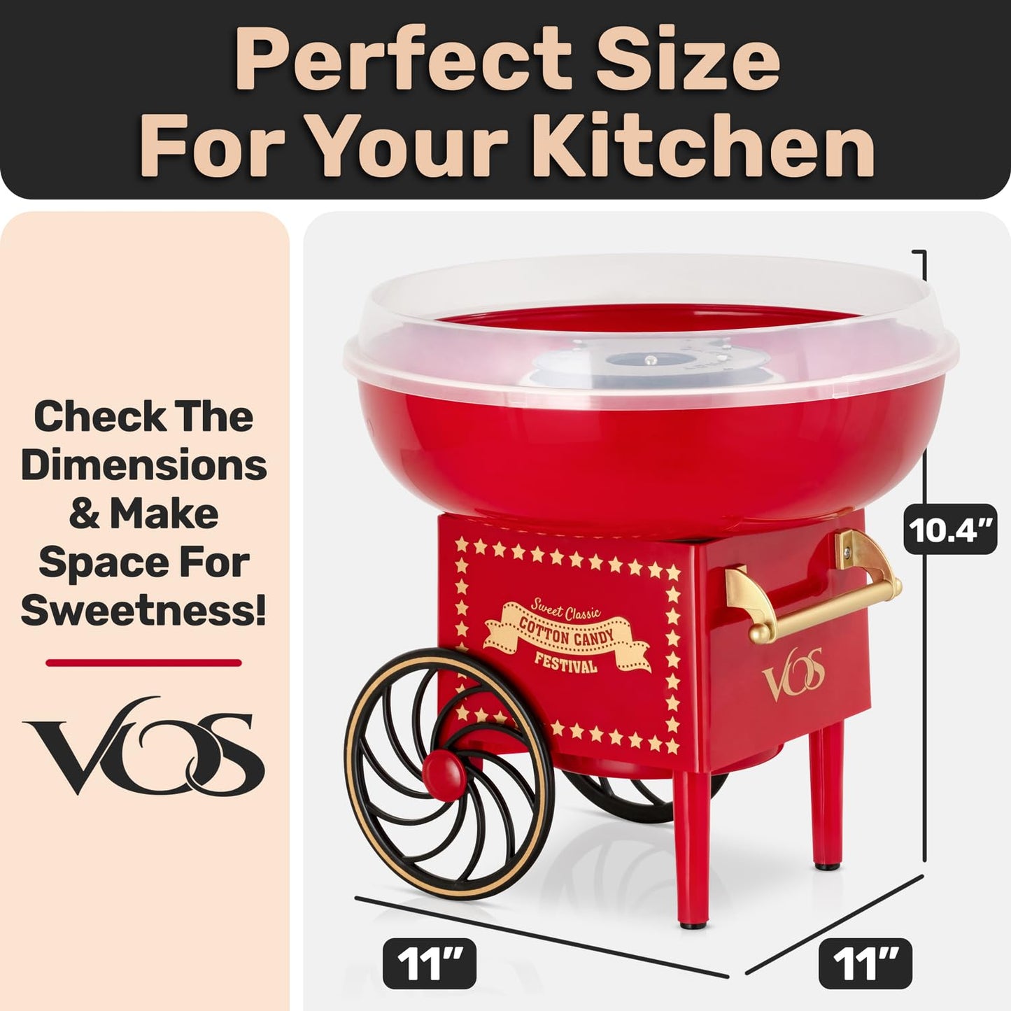VOS Mini Cotton Candy Machine for Kids, Red Retro Sugar Candy Maker, Cotton Candy Maker Machine Kit: includes 15 Candy Sticks & 1 Sugar Scoop – Ideal for Home Use, Small Parties & Intimate Gatherings