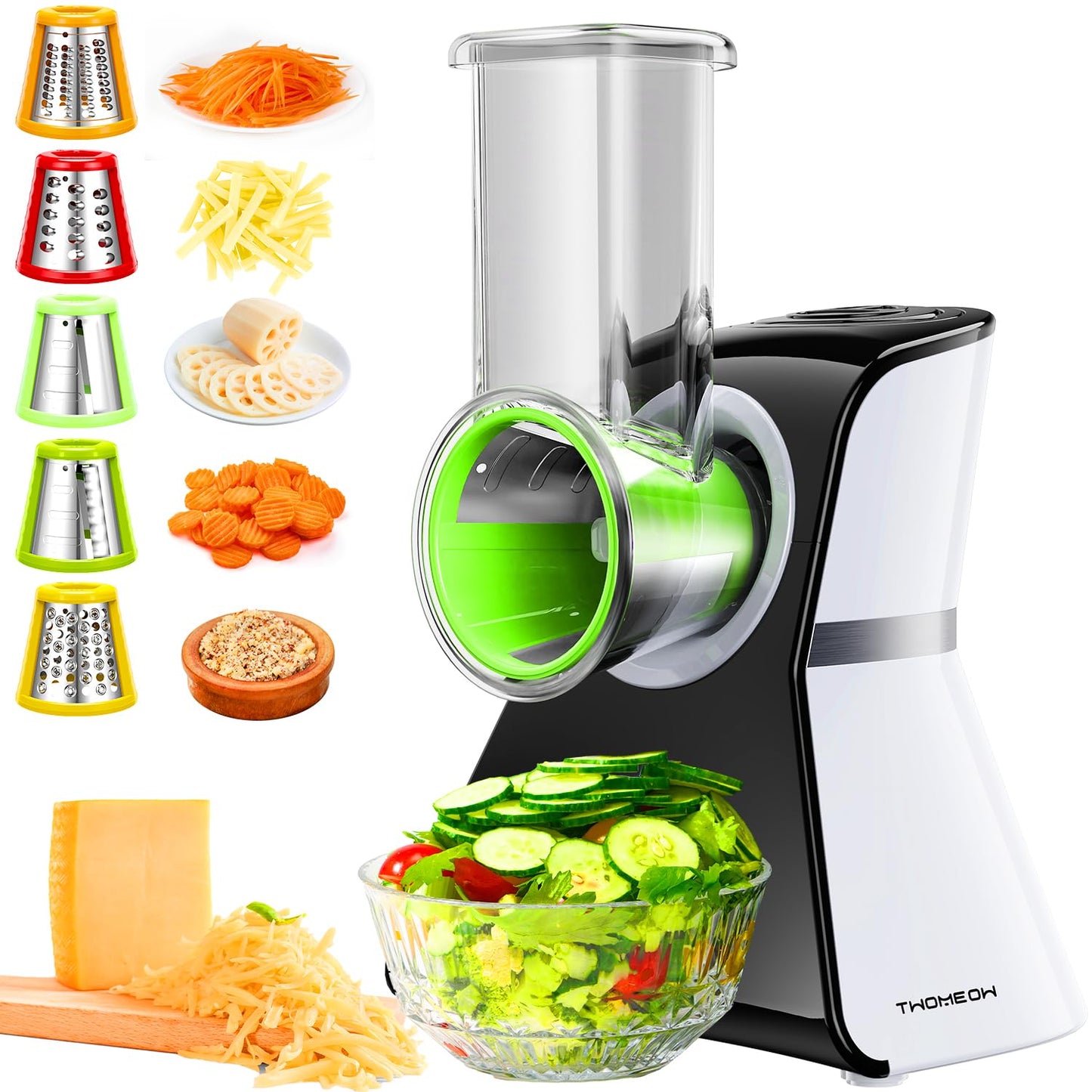 Electric Salad Grater 5 in 1 Electric Cheese Grater for Home Kitchen, Easy One Touch Control, with Safety Slider, Electric Cheese Grater for Zucchini